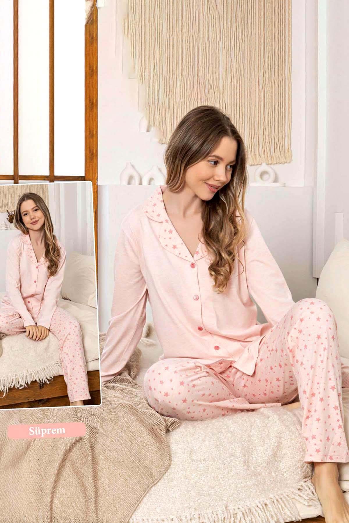 Kadın Yıldız Desen Düğmeli Suprem Pijama Takımı 0350 Pembe03