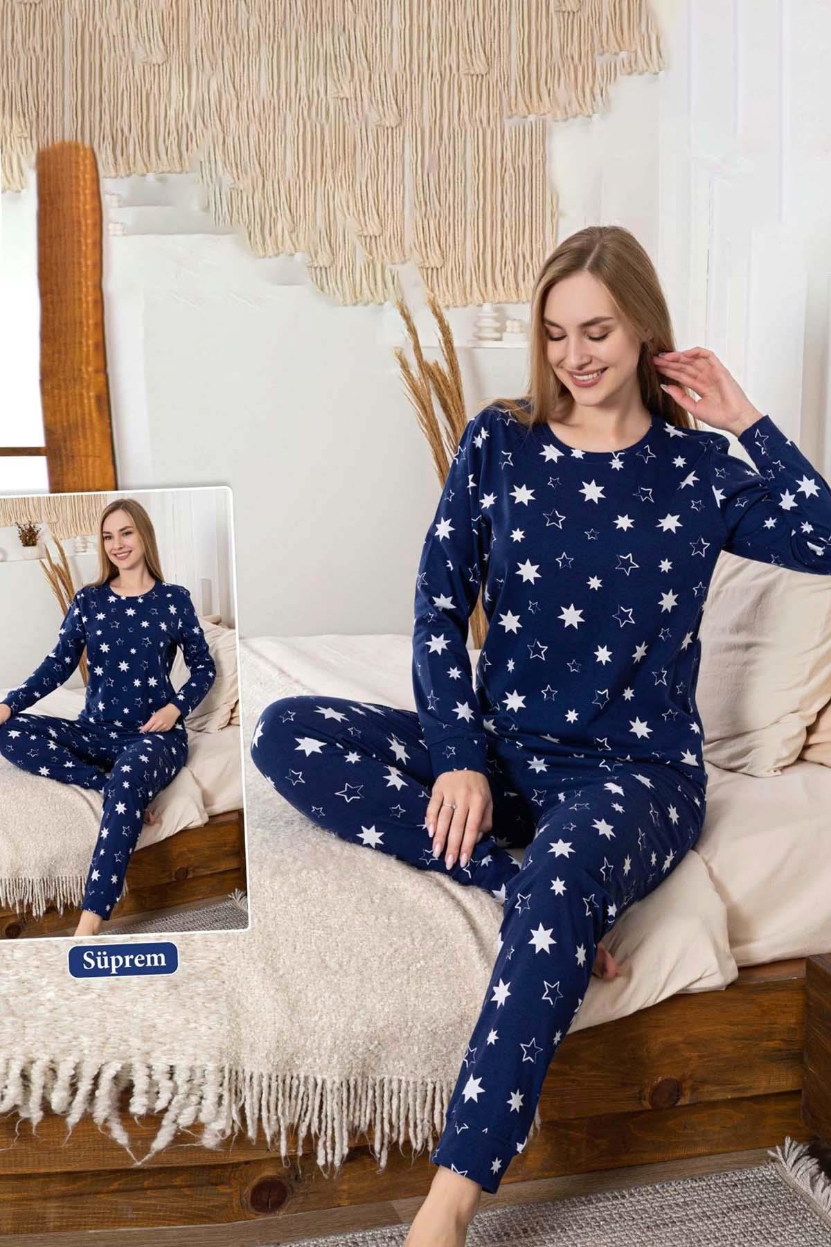 Kadın Yıldız Desen Suprem Pijama Takımı 0467 Lacivert