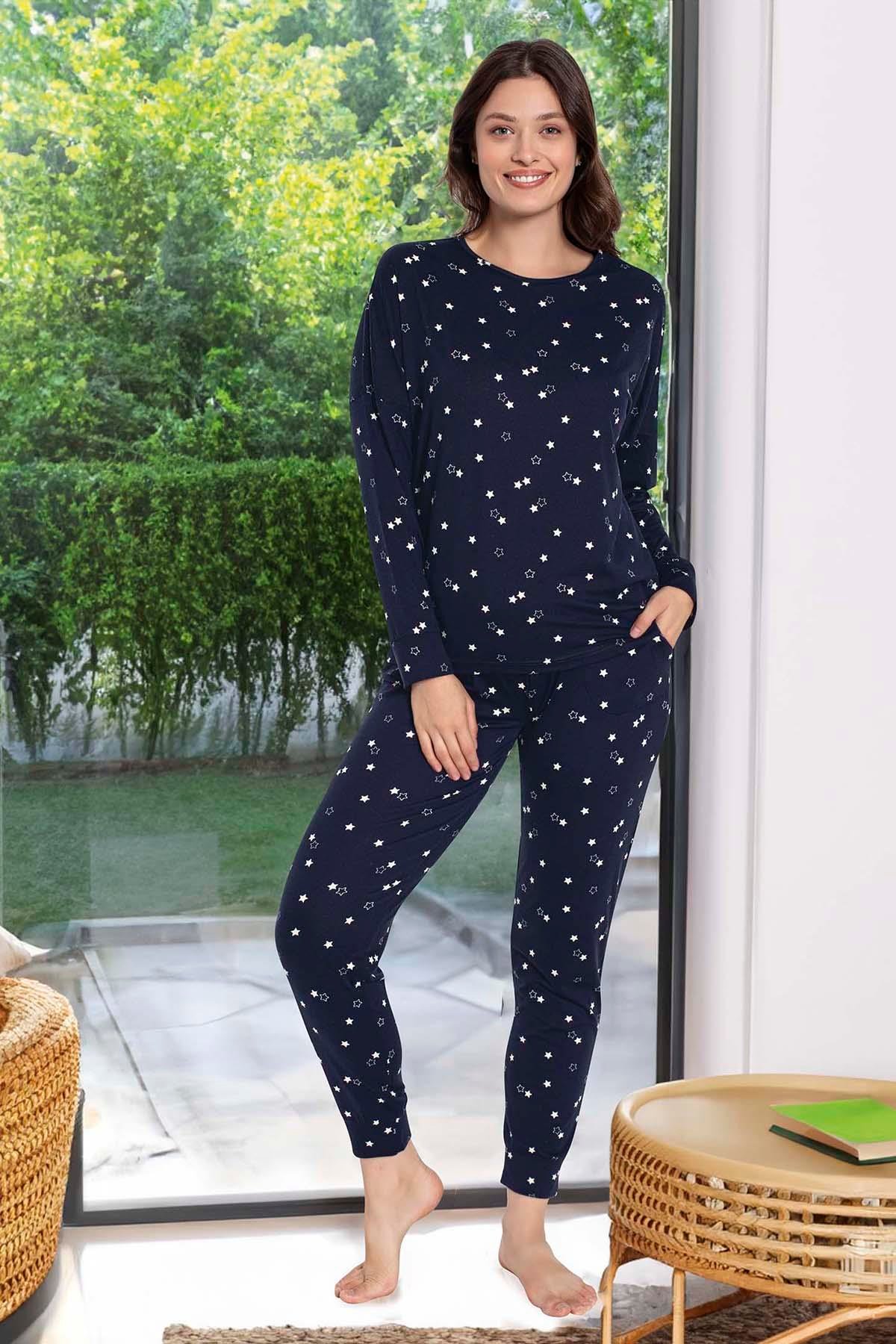 Kadın Yıldız Desen Uzun Kol Pijama Takımı 240928 Lacivert