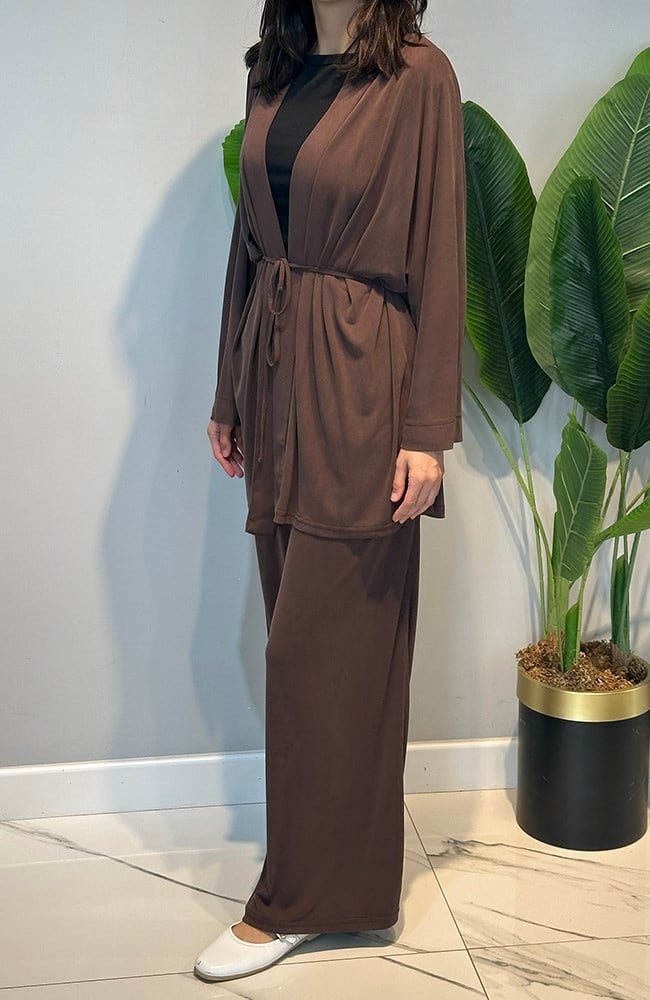 Kadriye Baştürk Modal Cupra Geniş Pileli Pantolonlu Midi Abaya Takım 412 Kahverengi