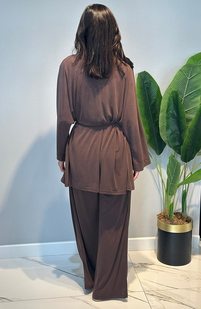 Kadriye Baştürk Modal Cupra Geniş Pileli Pantolonlu Midi Abaya Takım 412 Kahverengi