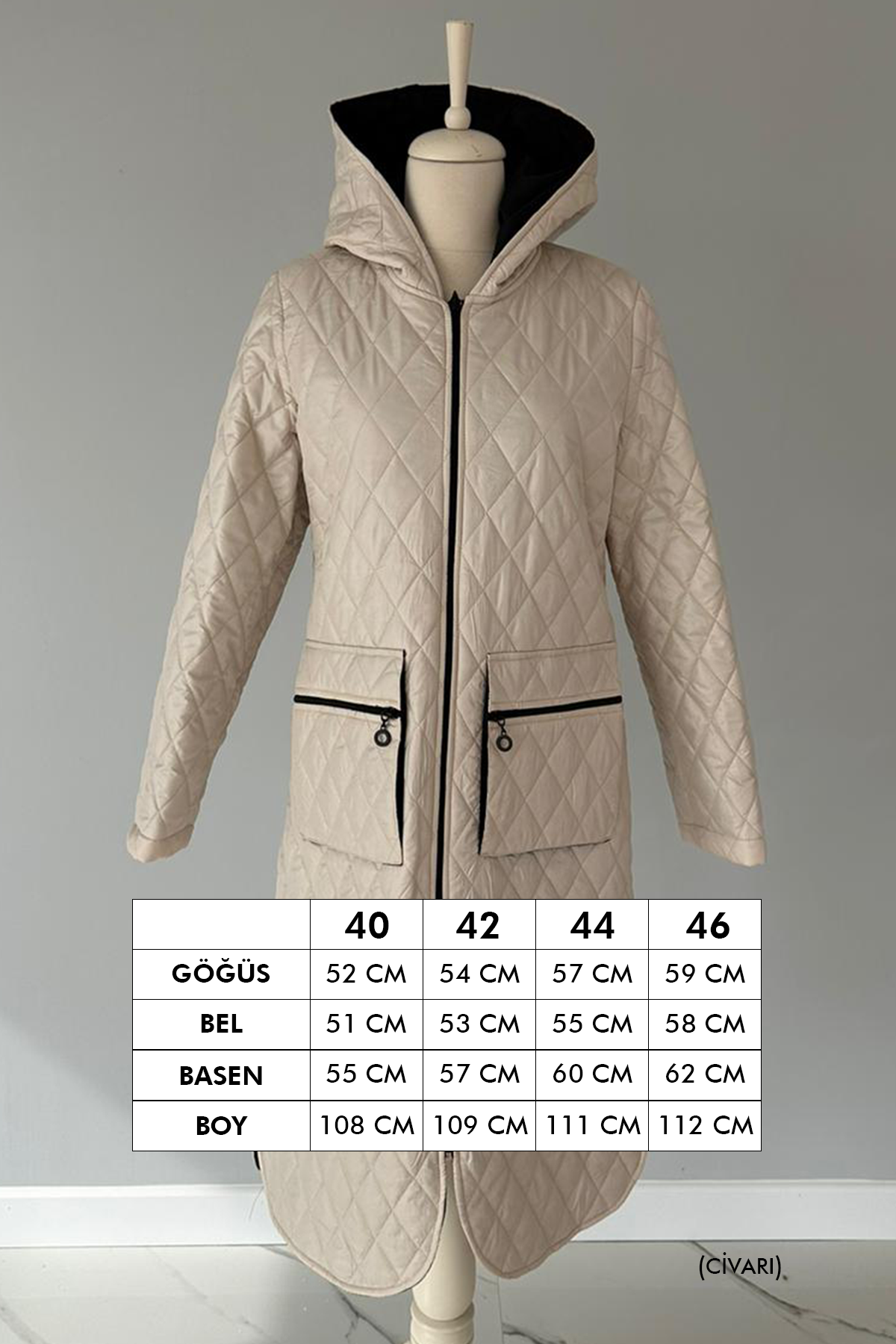 Kapitone Kapşonlu Bej Renk Kaban 17758