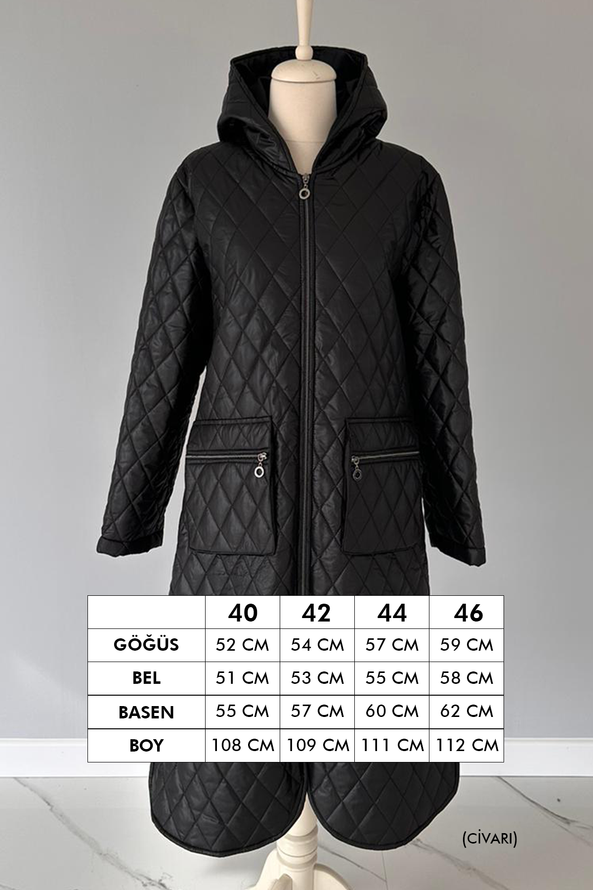 Kapitone Kapşonlu Siyah Renk Kaban 17758