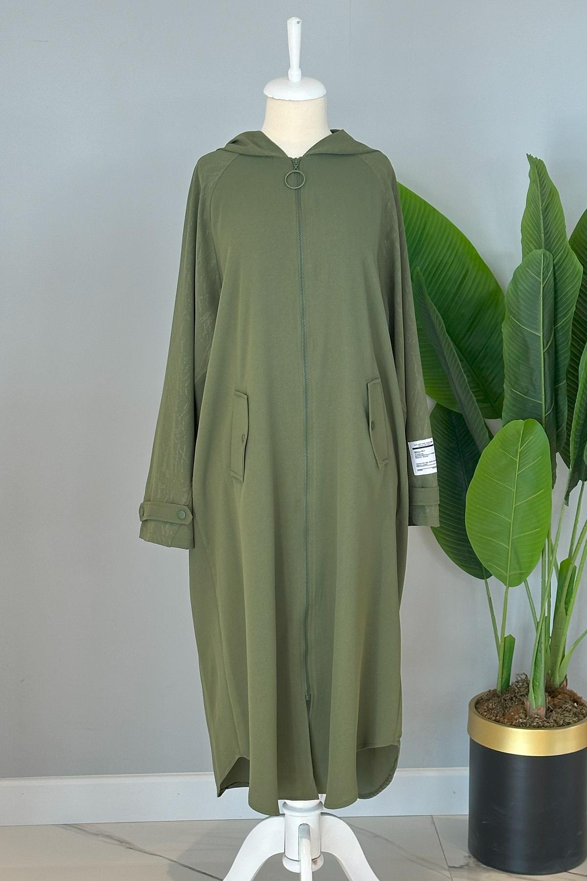 Kapüşon Detaylı Fermuarlı Kap Ceket Hırka 15163 Haki