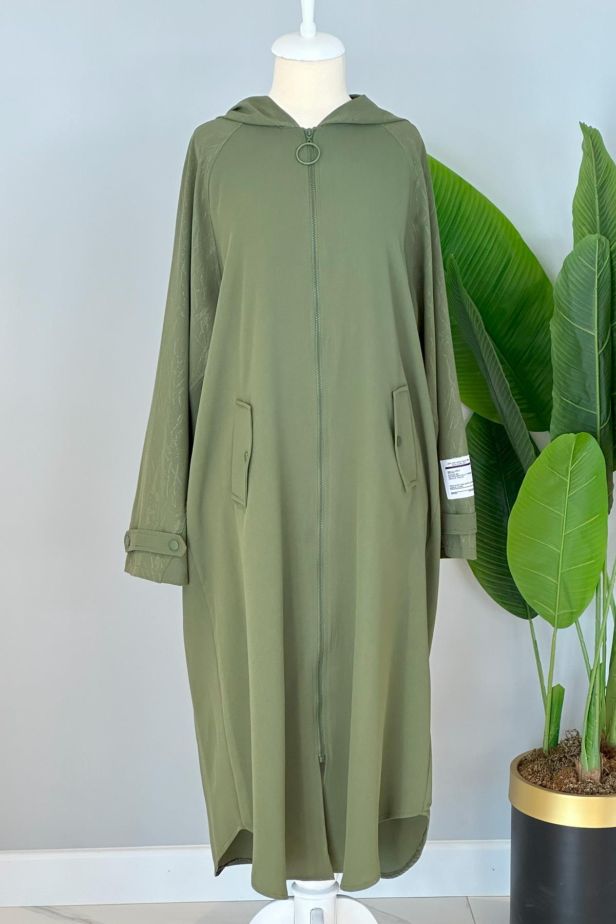 Kapüşon Detaylı Fermuarlı Kap Ceket Hırka 15163 Haki