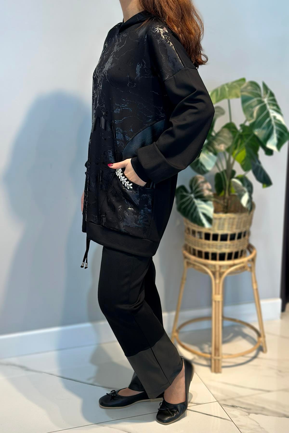 Kapüşonlu Baskı Detay Takım 19310 Siyah