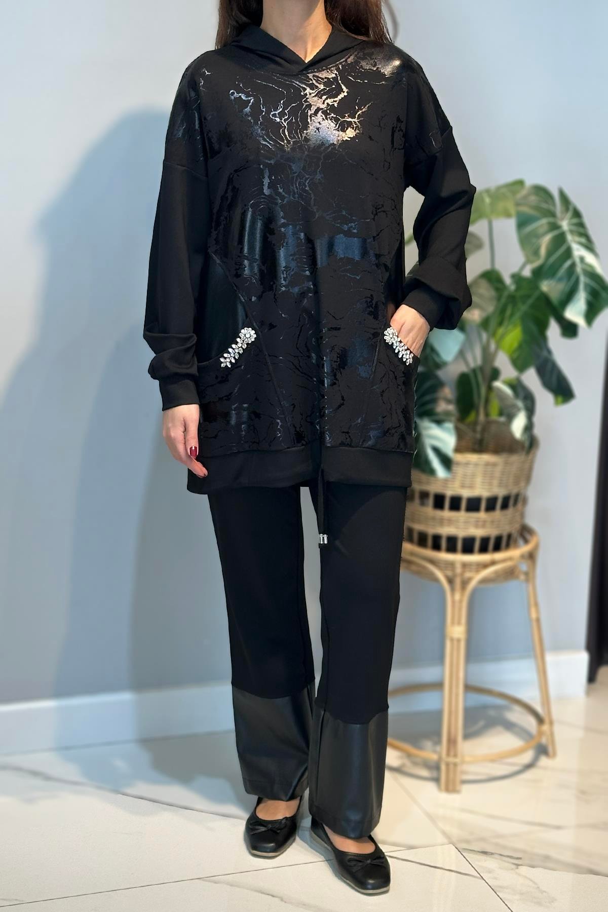 Kapüşonlu Baskı Detay Takım 19310 Siyah