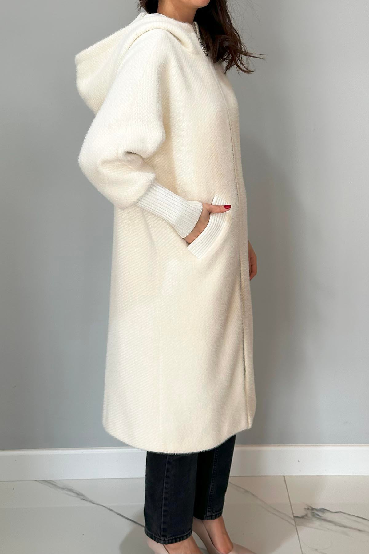 Kapüşonlu Fermuarlı Ceket Kaban 15196 Ekru