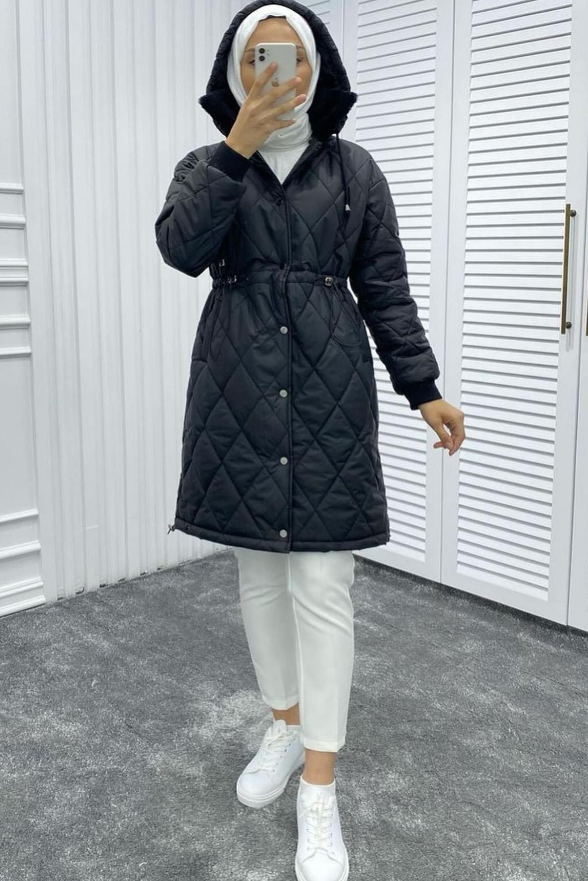 Kapüşonlu Kürk Detaylı Şişme Mont 10387 Siyah