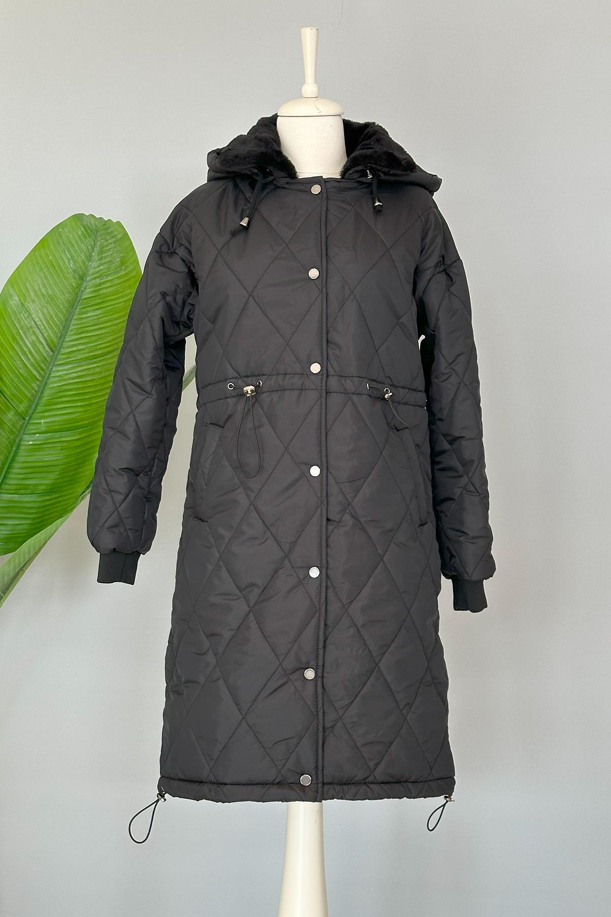 Kapüşonlu Kürk Detaylı Şişme Mont 10387 Siyah