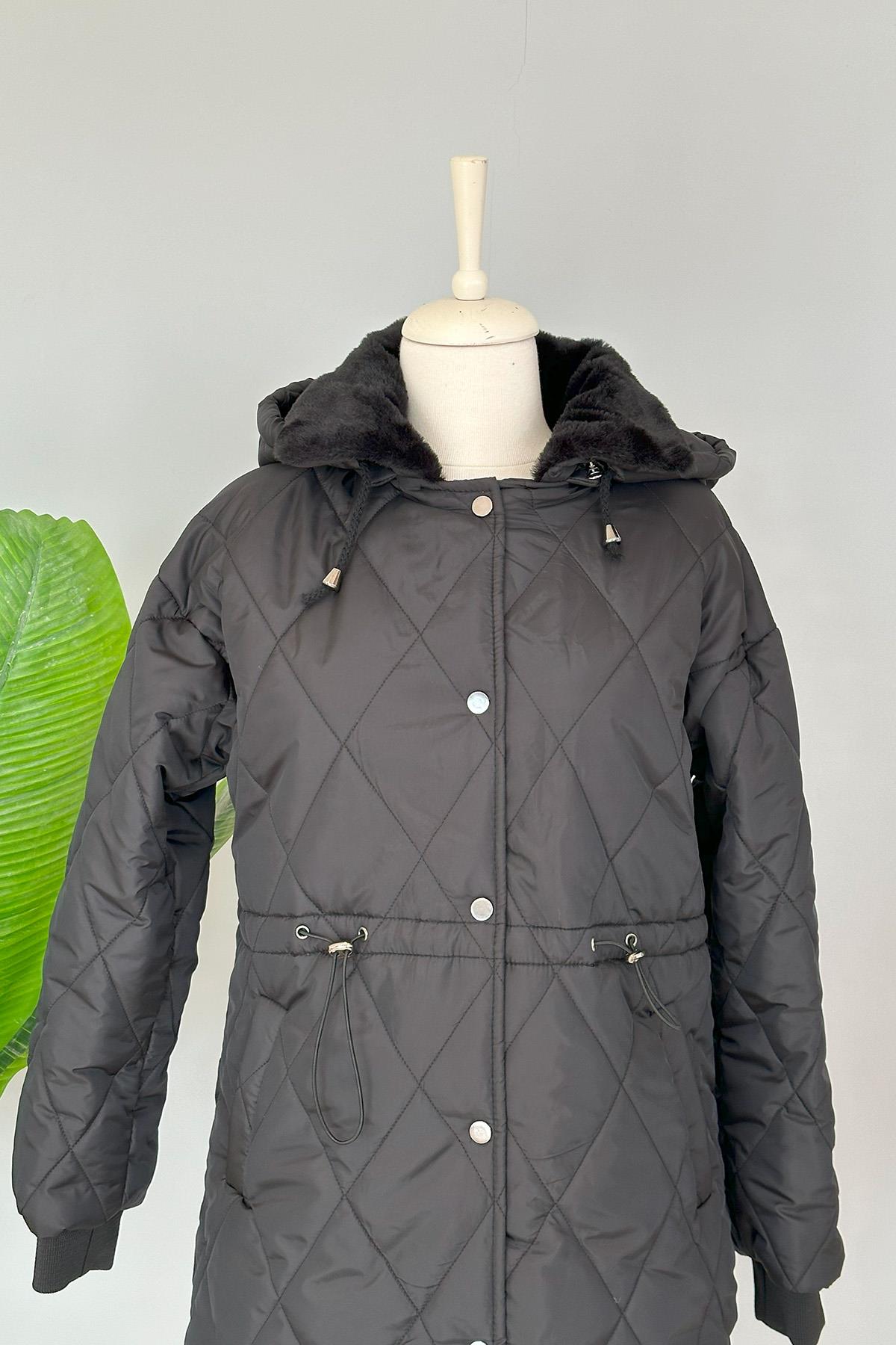 Kapüşonlu Kürk Detaylı Şişme Mont 10387 Siyah