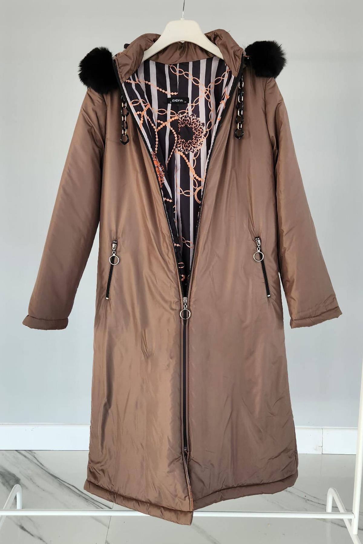 Kapüşonlu Mikro Zincir Kürk Detaylı 17725 Endiva Kaban Mont Kahve