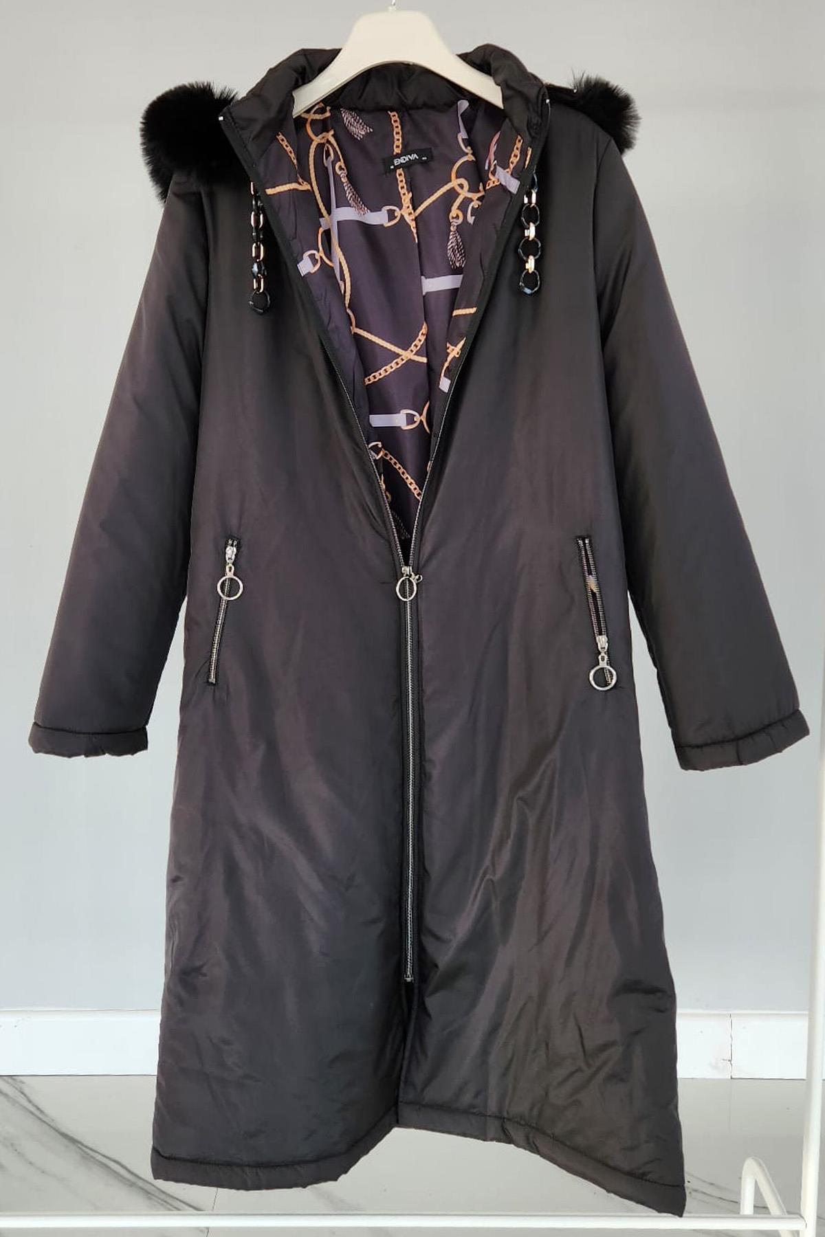 Kapüşonlu Mikro Zincir Kürk Detaylı 17725 Endiva Kaban Mont Siyah