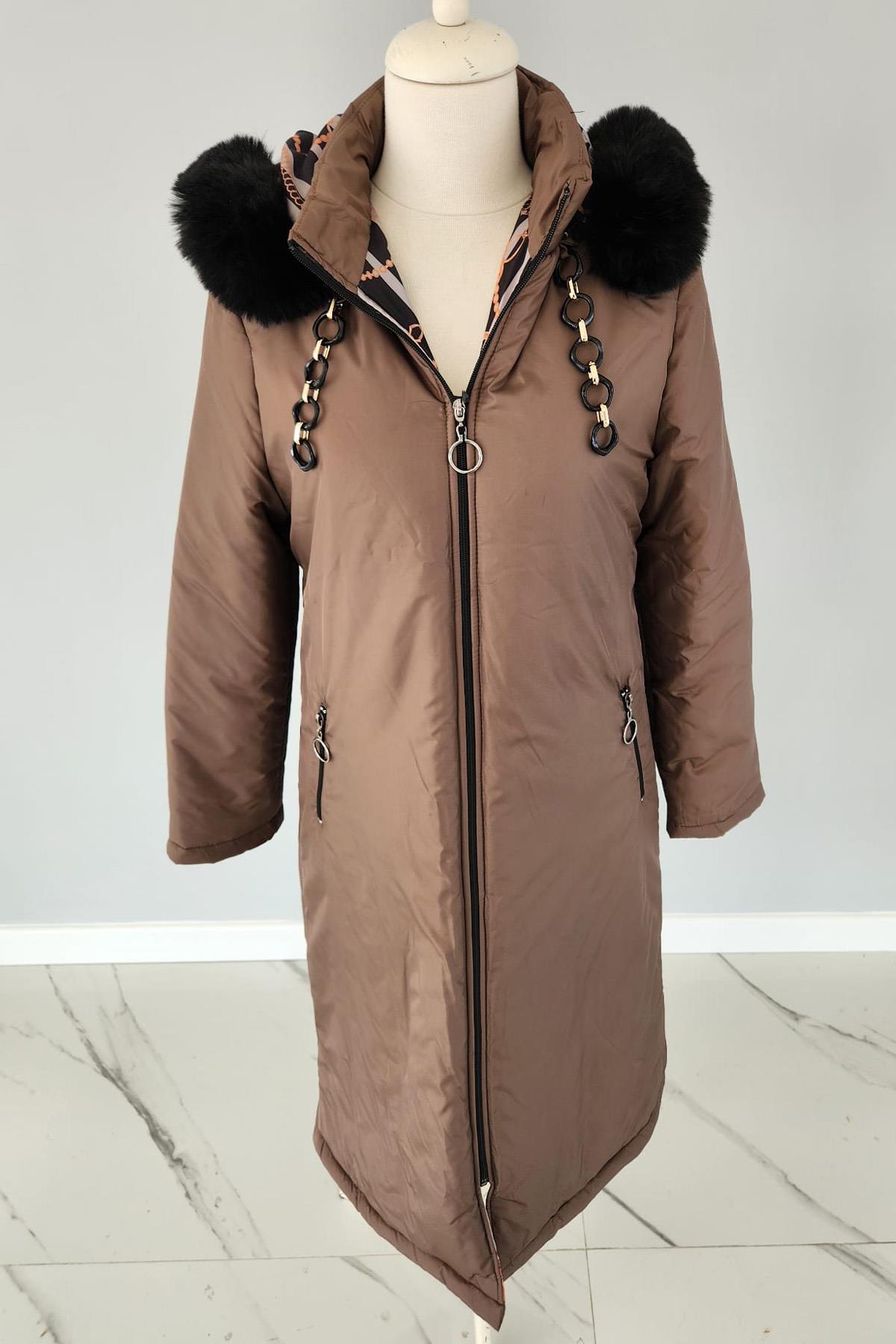 Kapüşonlu Mikro Zincir Kürk Detaylı 17725 Endiva Kaban Mont Kahve