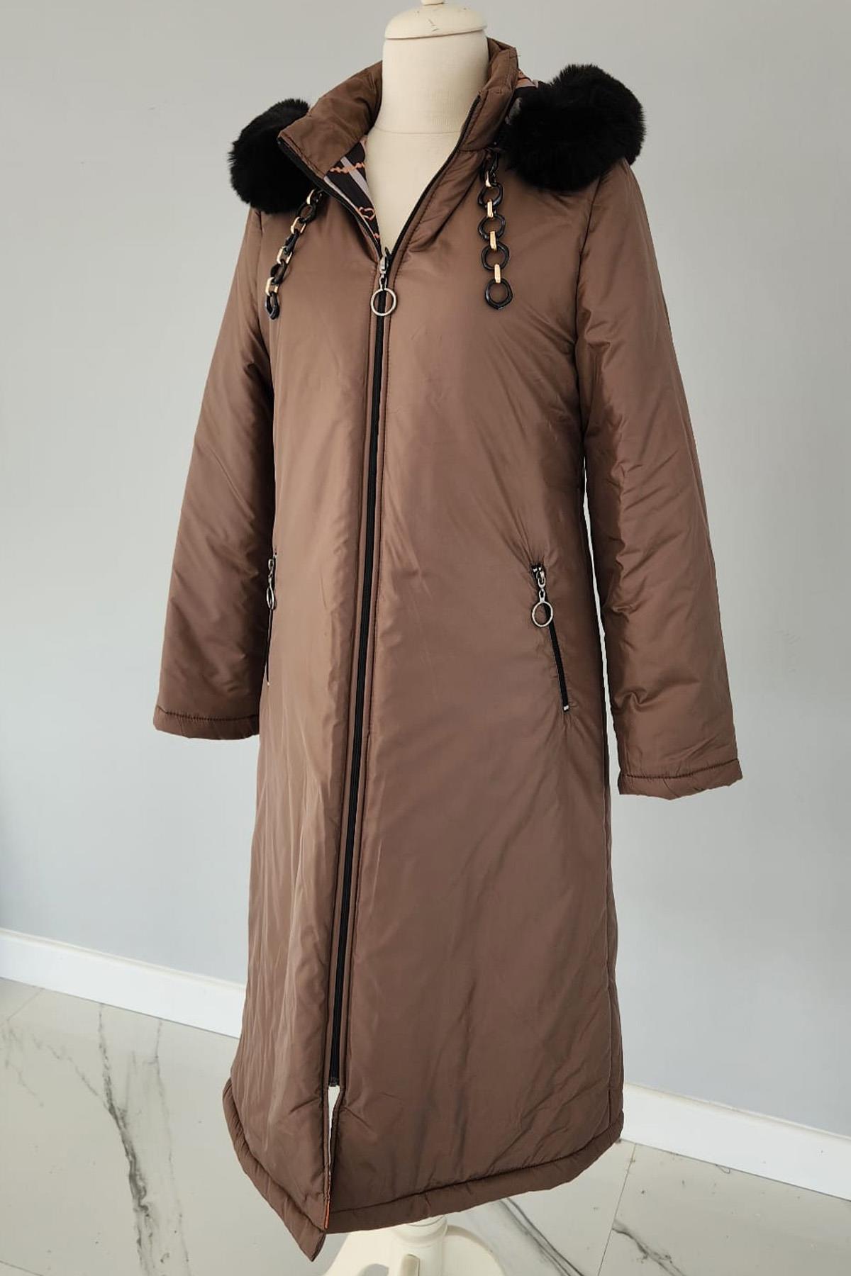 Kapüşonlu Mikro Zincir Kürk Detaylı 17725 Endiva Kaban Mont Kahve
