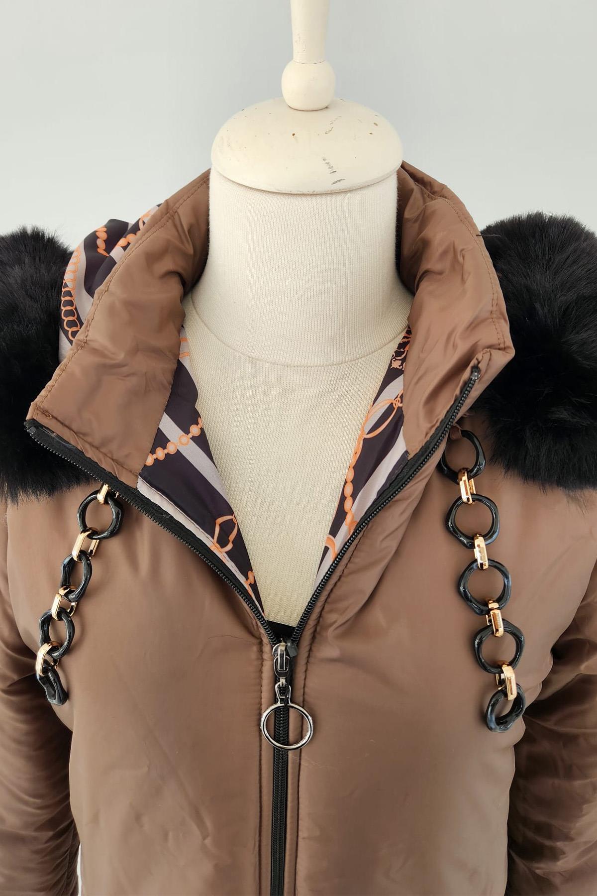 Kapüşonlu Mikro Zincir Kürk Detaylı 17725 Endiva Kaban Mont Kahve