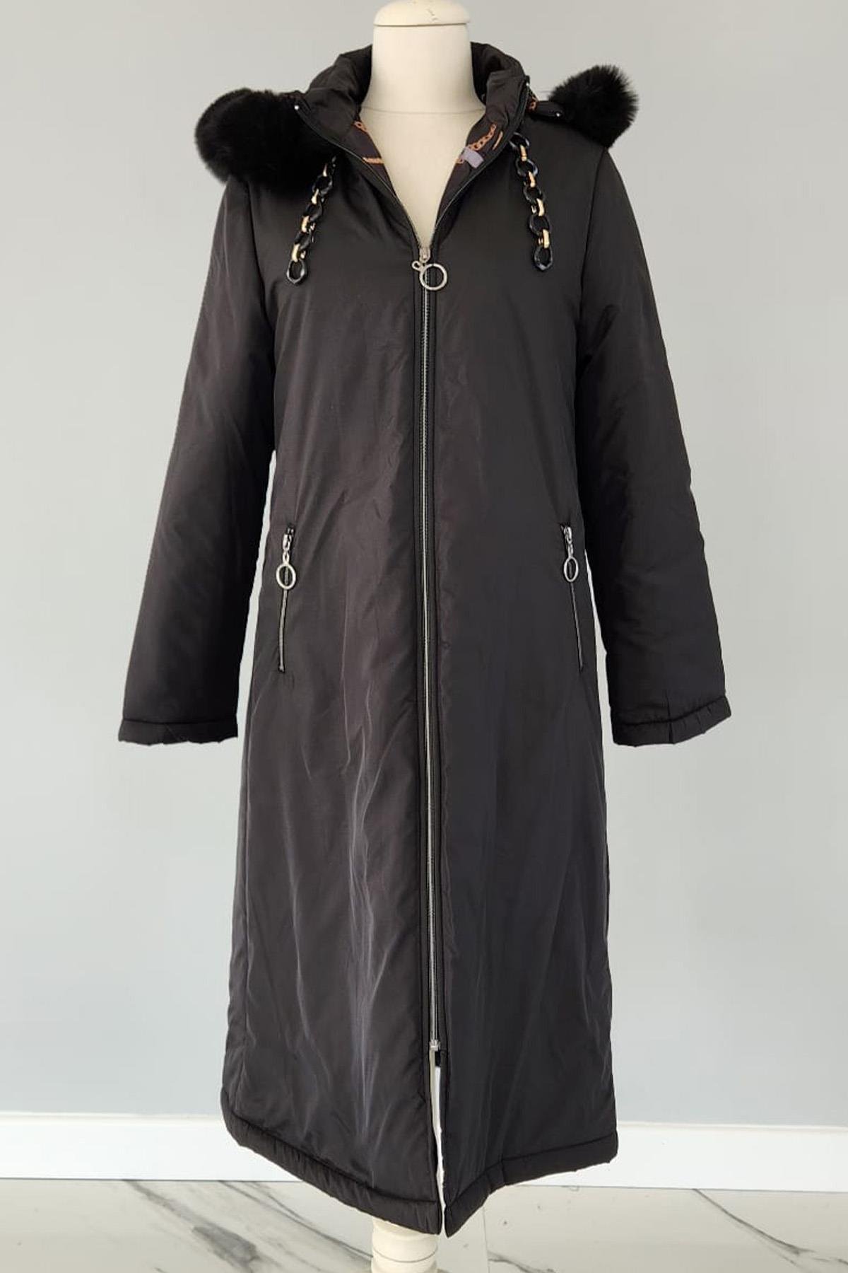 Kapüşonlu Mikro Zincir Kürk Detaylı 17725 Endiva Kaban Mont Siyah