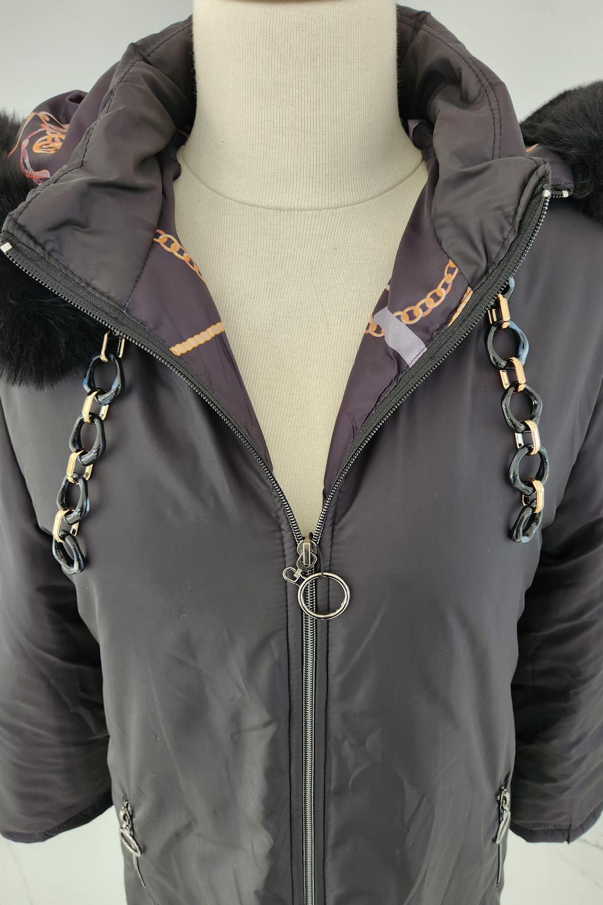 Kapüşonlu Mikro Zincir Kürk Detaylı 17725 Endiva Kaban Mont Siyah