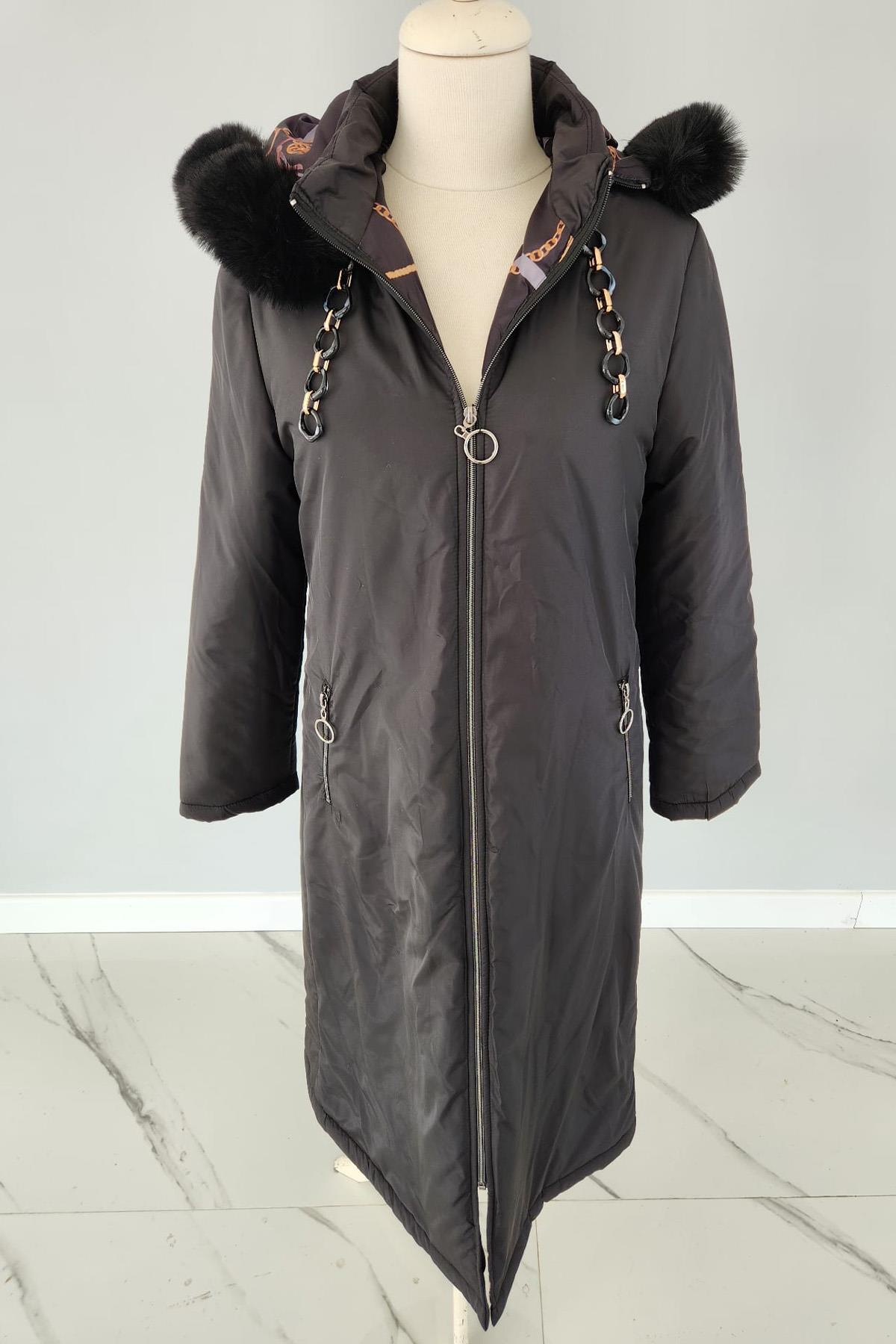 Kapüşonlu Mikro Zincir Kürk Detaylı 17725 Endiva Kaban Mont Siyah