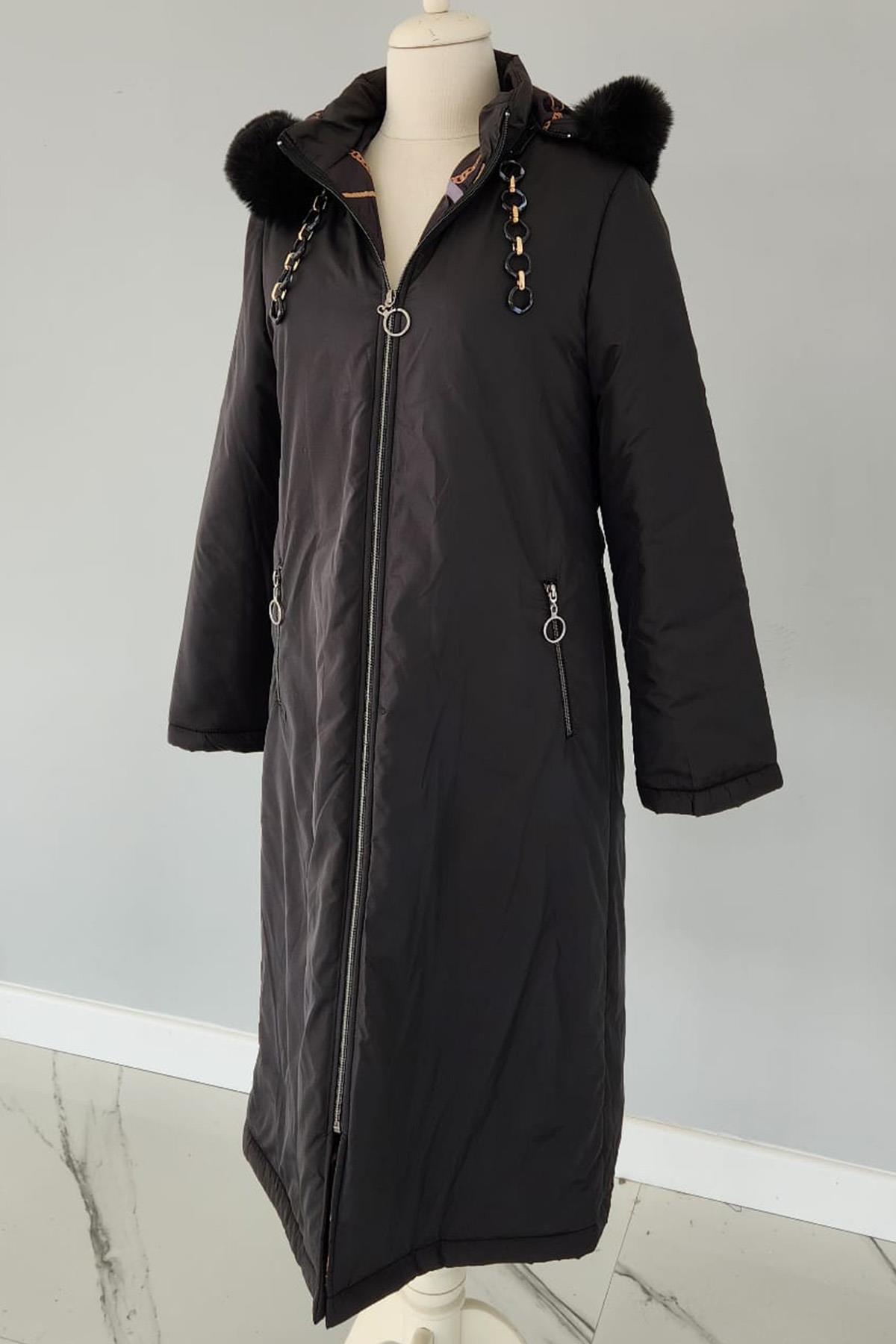 Kapüşonlu Mikro Zincir Kürk Detaylı 17725 Endiva Kaban Mont Siyah