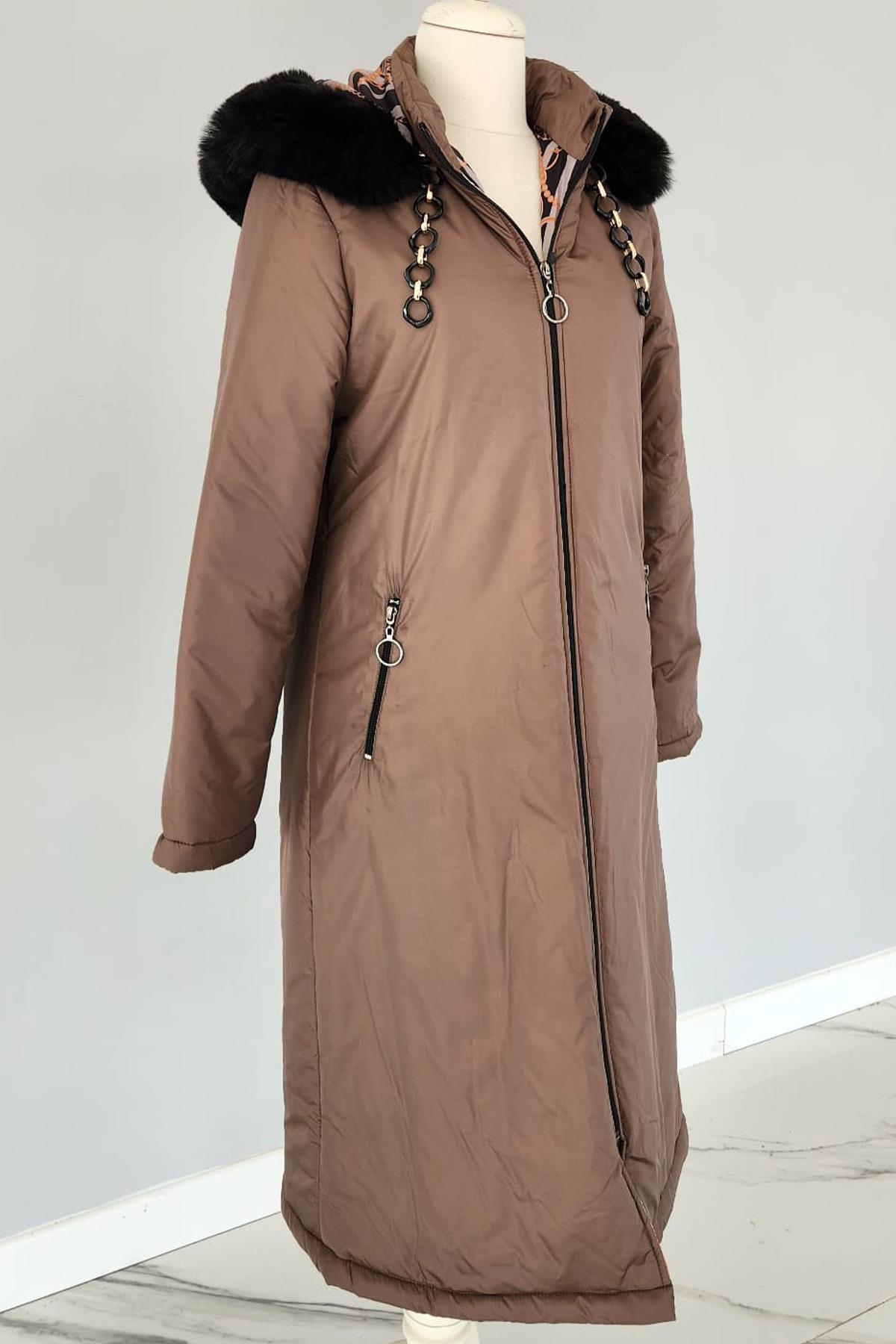 Kapüşonlu Mikro Zincir Kürk Detaylı 17725 Endiva Kaban Mont Kahve