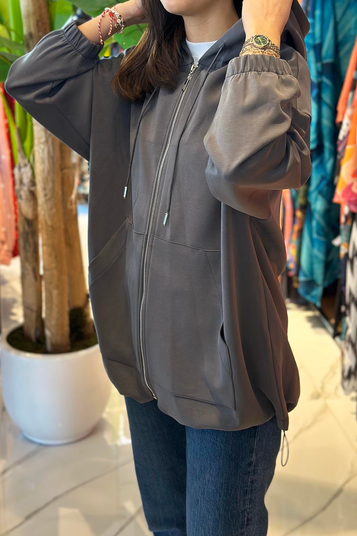 Kapüşonlu Modal Ceket 34343 Füme