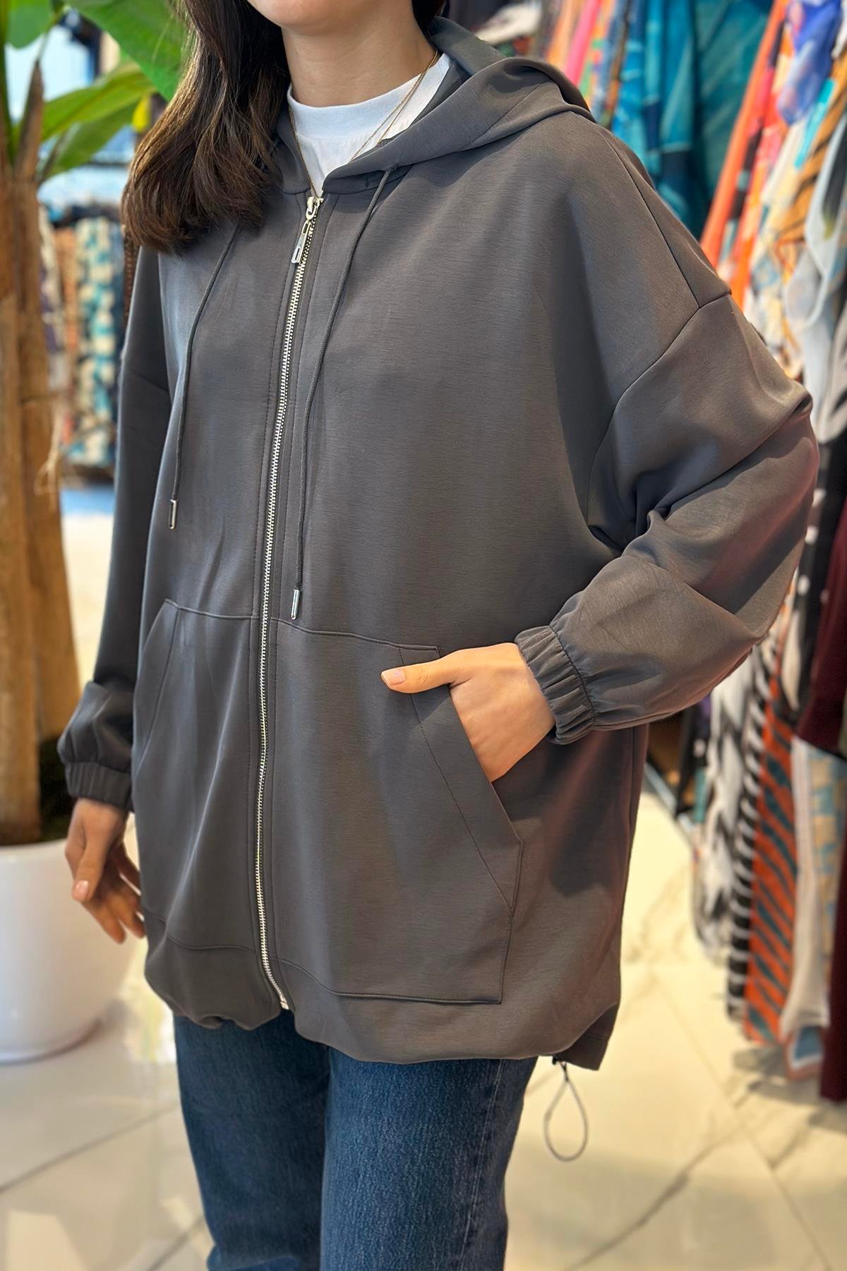 Kapüşonlu Modal Ceket 34343 Füme