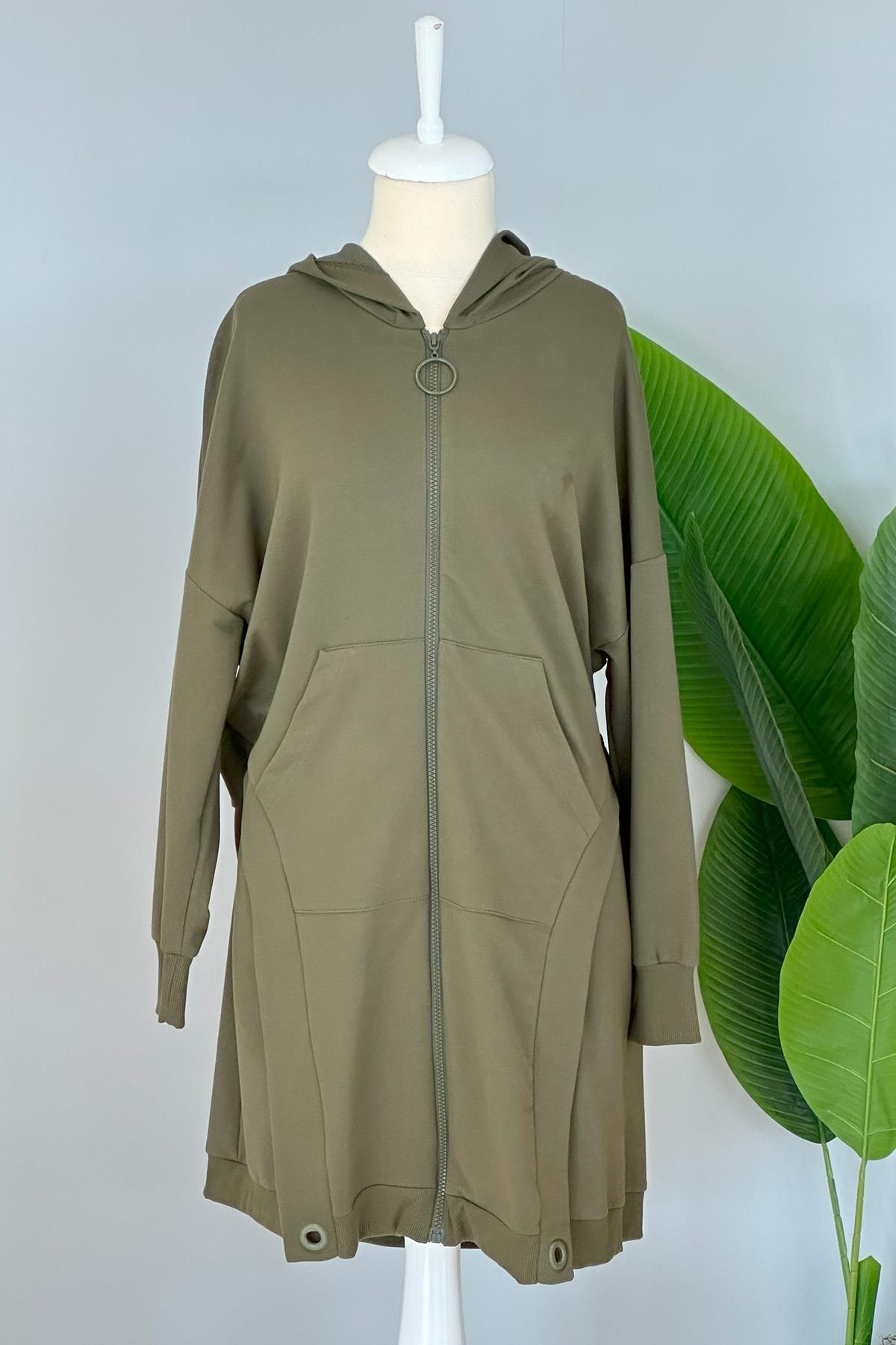 Kapüşonlu ve Fermuarlı Sweat Ceket 10419 Haki