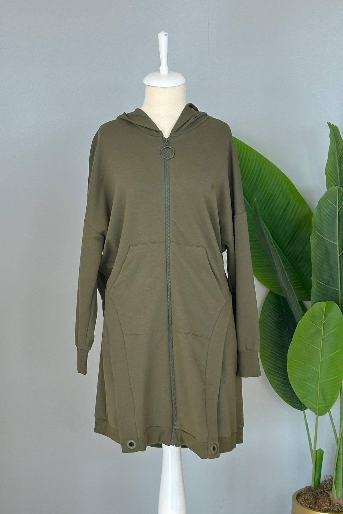 Kapüşonlu ve Fermuarlı Sweat Ceket 10419 Haki