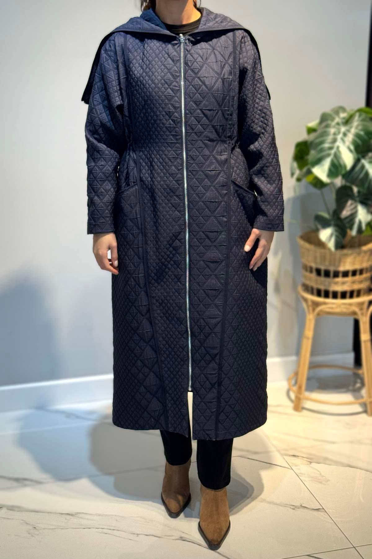 Kapüşonü Fermuar Detaylı Baklava Kapitön Kap Ceket 6838 Lacivert