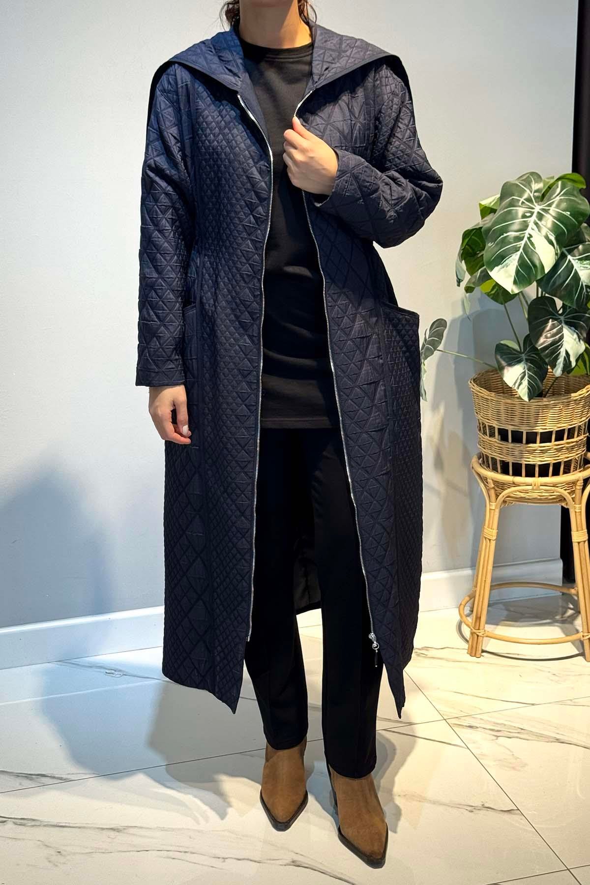 Kapüşonü Fermuar Detaylı Baklava Kapitön Kap Ceket 6838 Lacivert