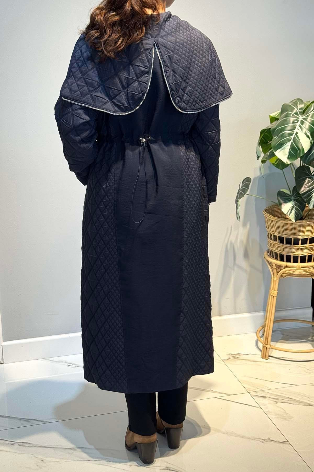 Kapüşonü Fermuar Detaylı Baklava Kapitön Kap Ceket 6838 Lacivert