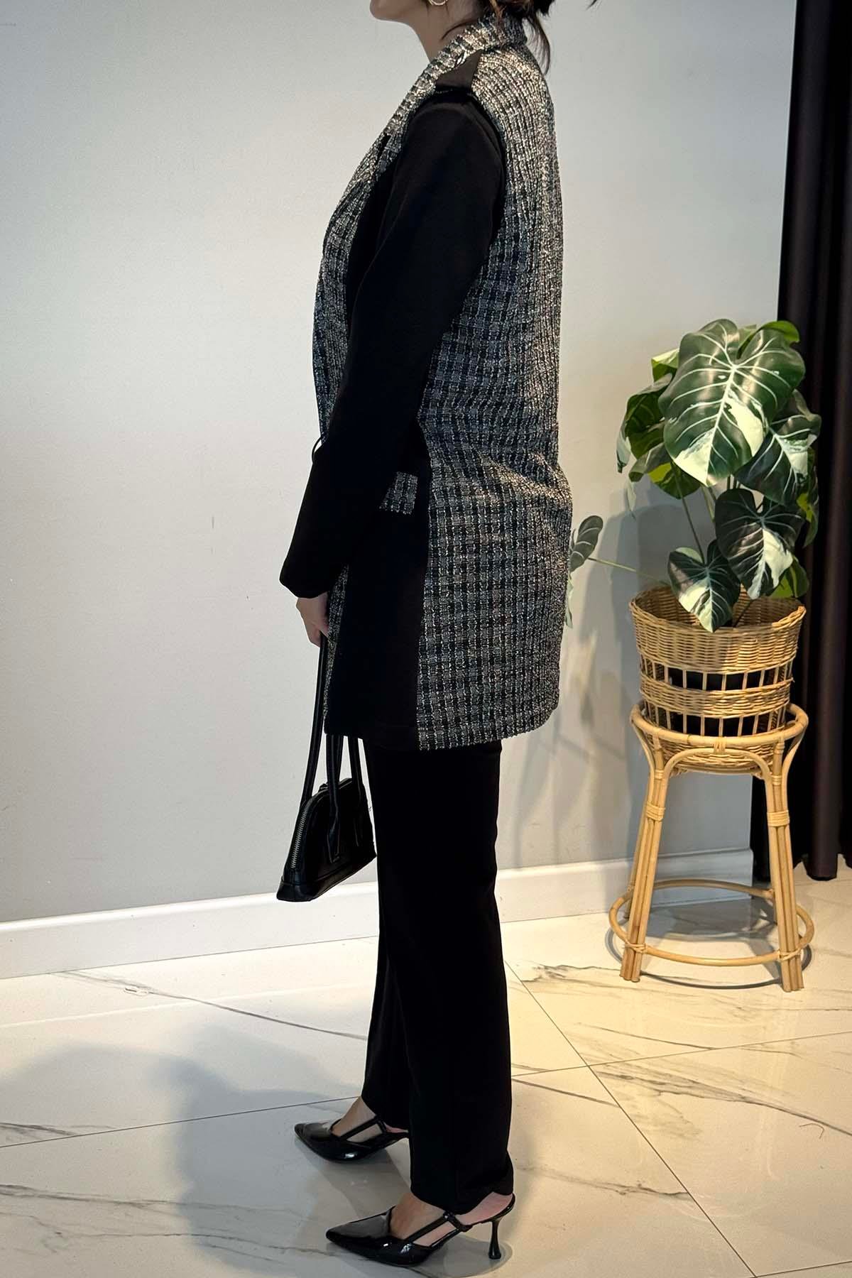 Kare Desen Kruvaze Yelekli 3'lü Takım 25149 Siyah 