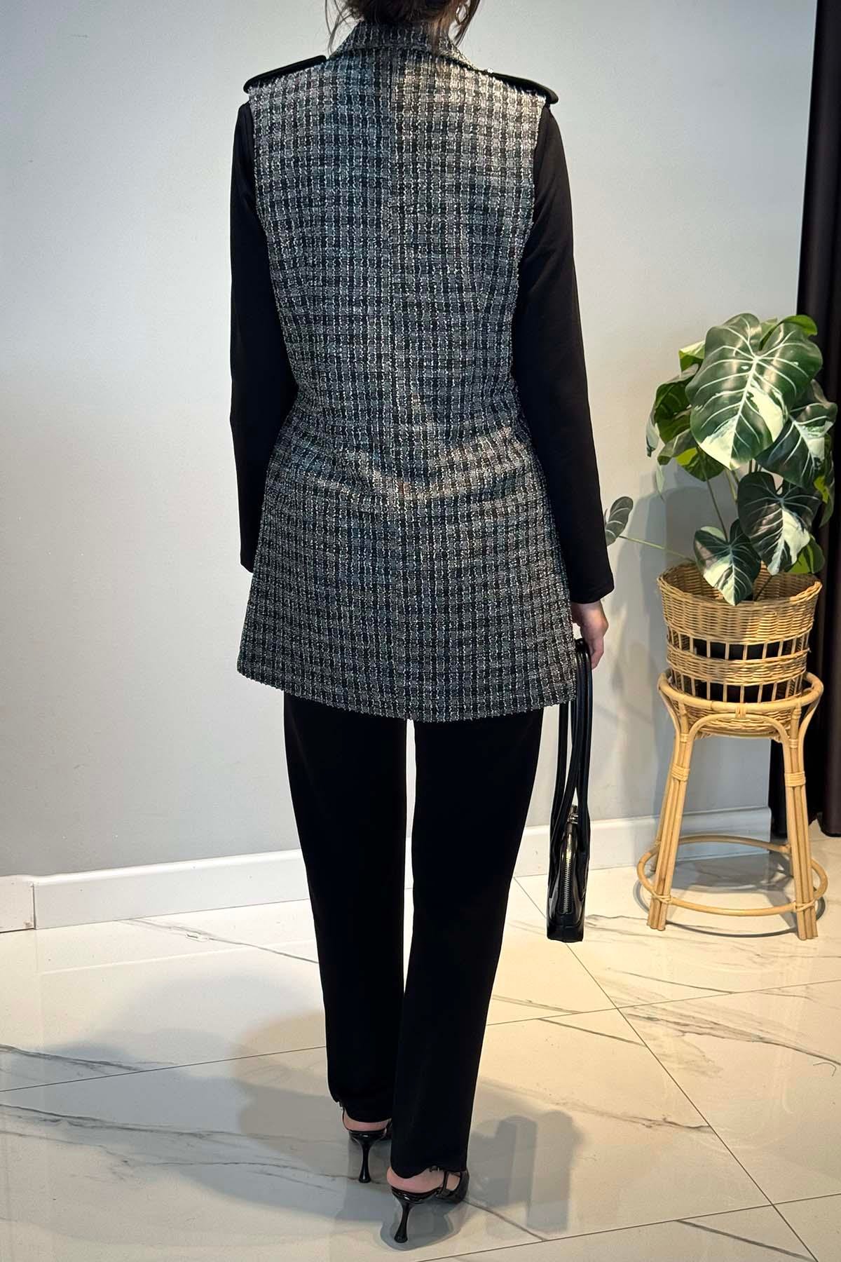 Kare Desen Kruvaze Yelekli 3'lü Takım 25149 Siyah 