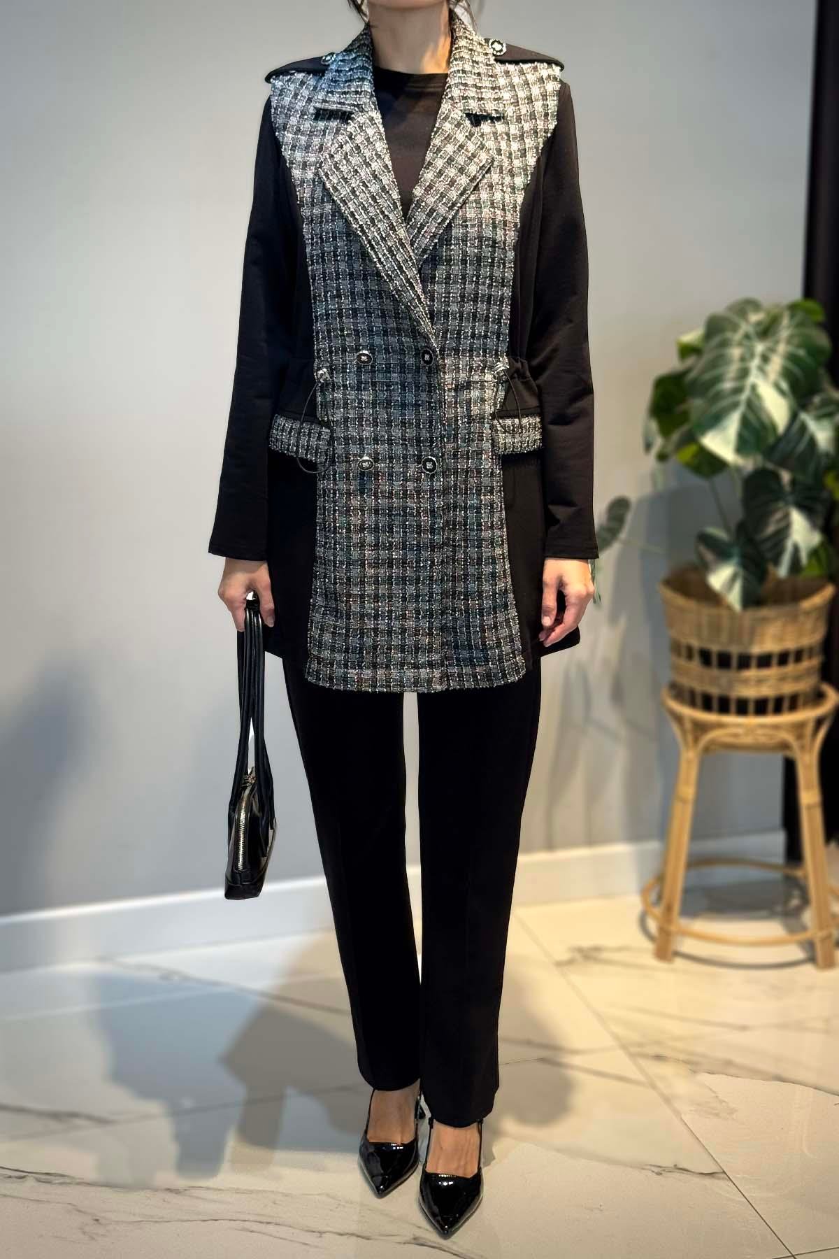 Kare Desen Kruvaze Yelekli 3'lü Takım 25149 Siyah 