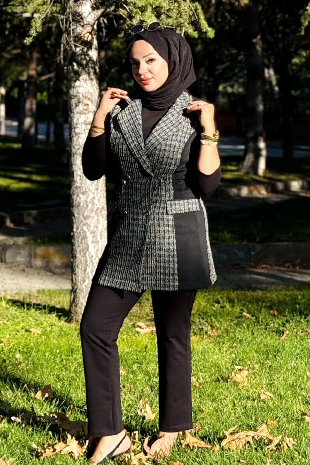 Kare Desen Kruvaze Yelekli 3'lü Takım 25149 Siyah 