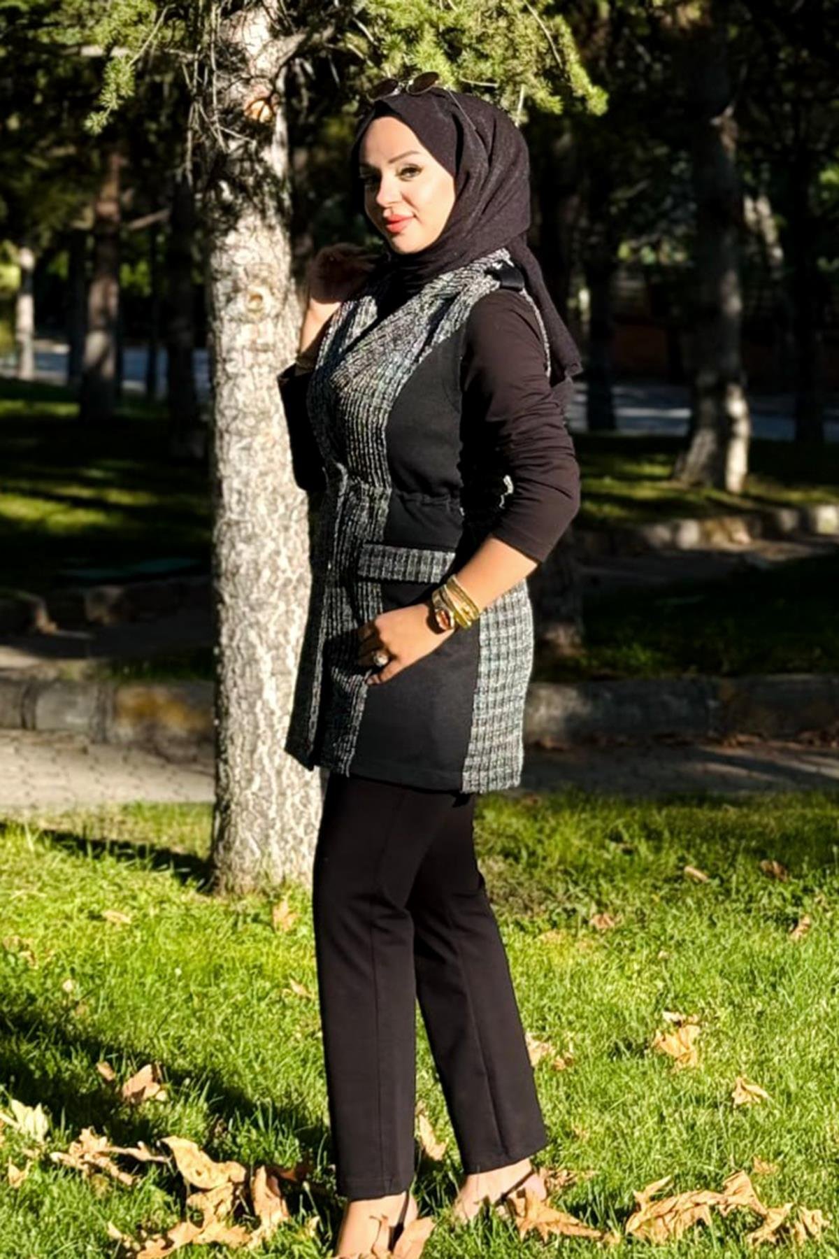 Kare Desen Kruvaze Yelekli 3'lü Takım 25149 Siyah 