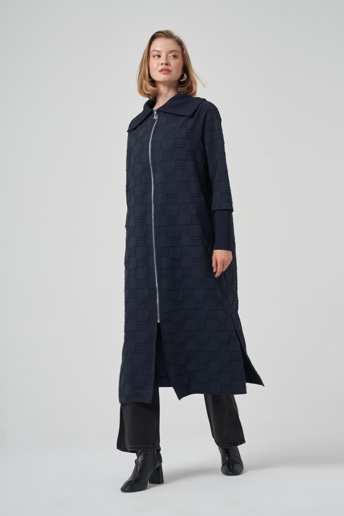 Kemer Detay Uzun Kap Ceket Pardesü 6004 Lacivert