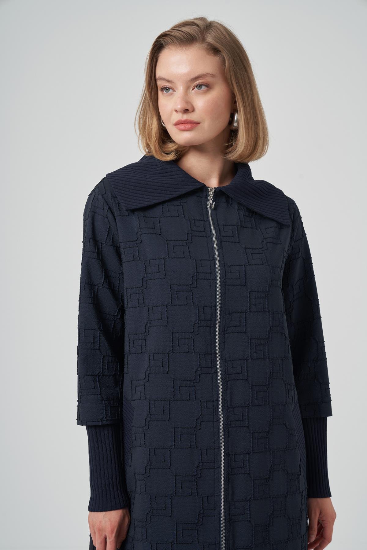 Kemer Detay Uzun Kap Ceket Pardesü 6004 Lacivert