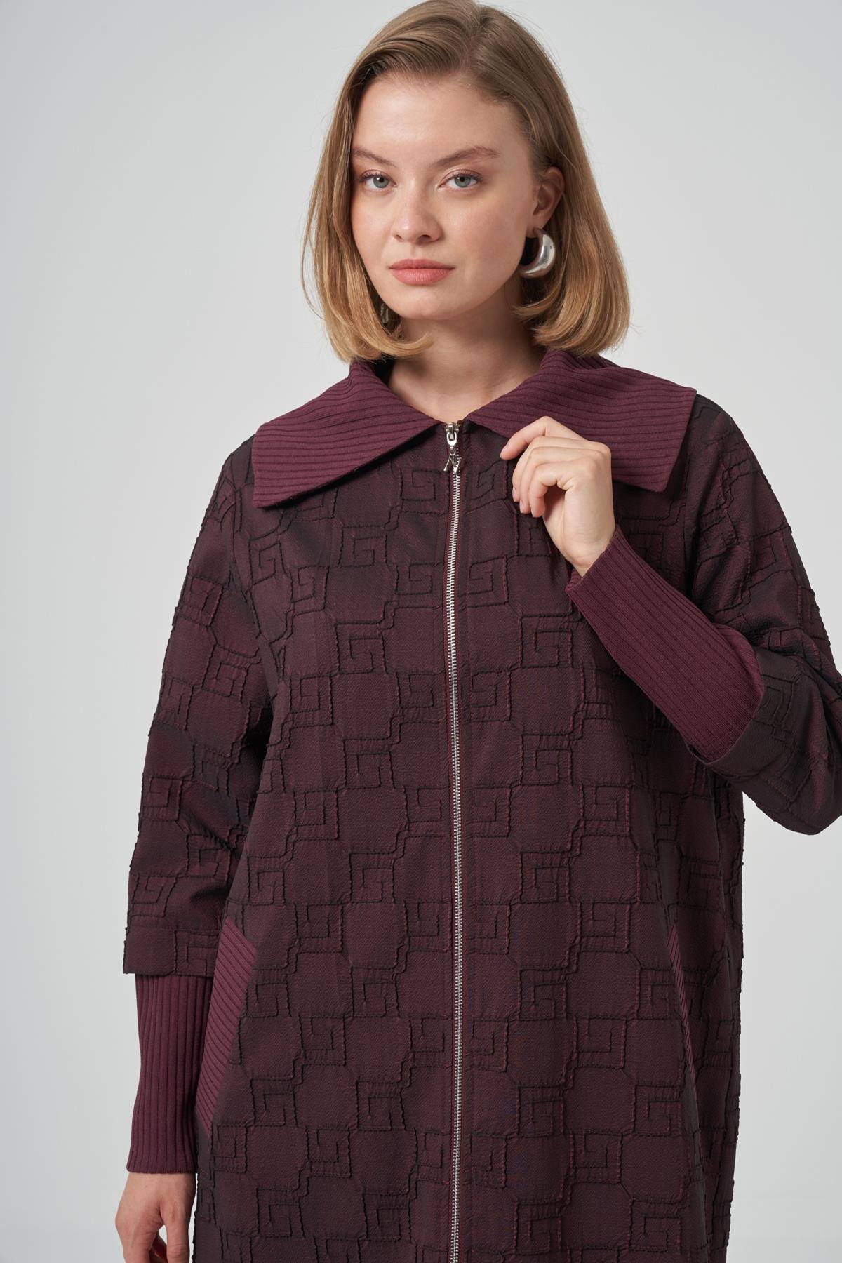 Kemer Detay Uzun Kap Ceket Pardesü 6004 Bordo