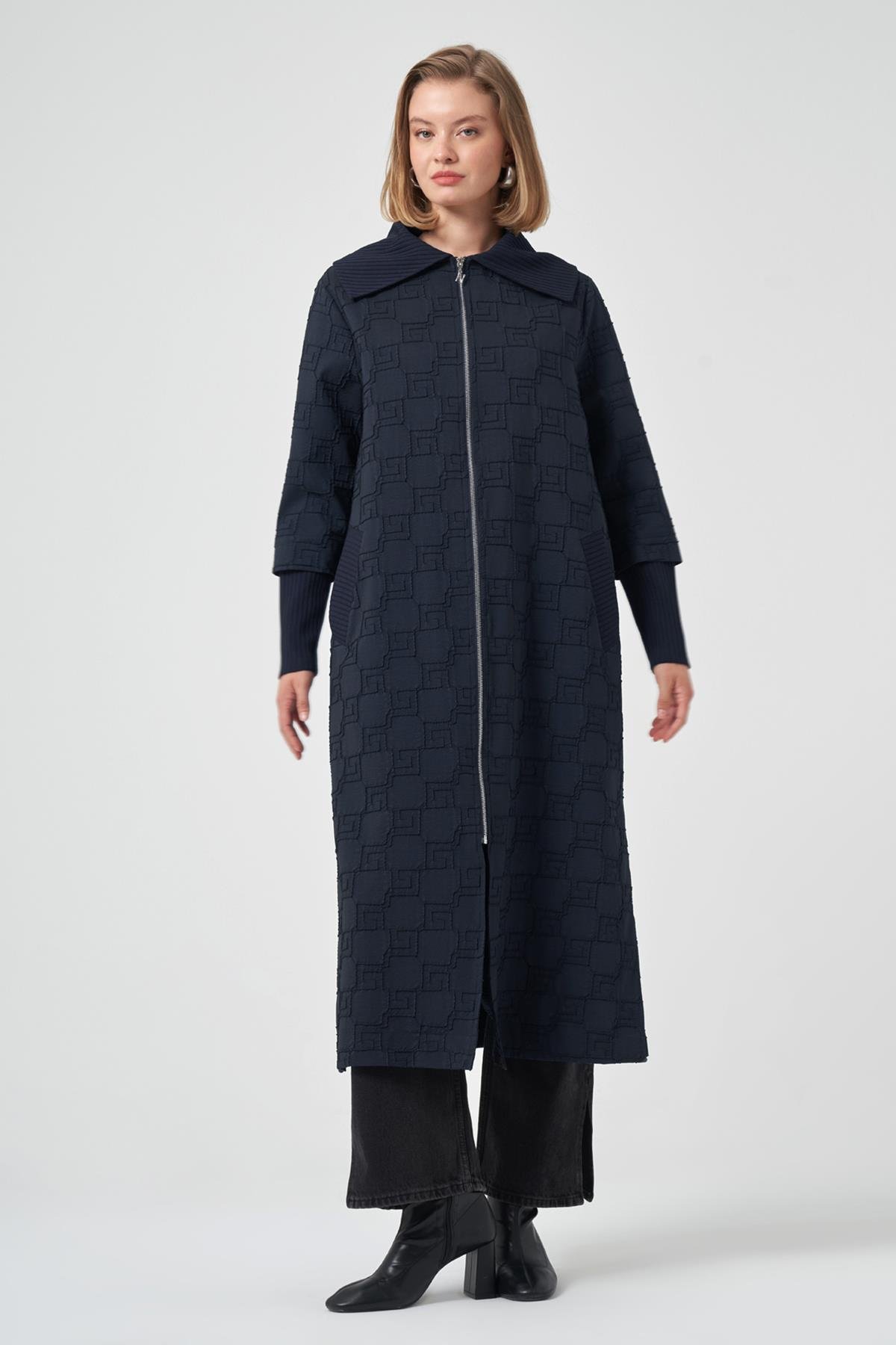 Kemer Detay Uzun Kap Ceket Pardesü 6004 Lacivert