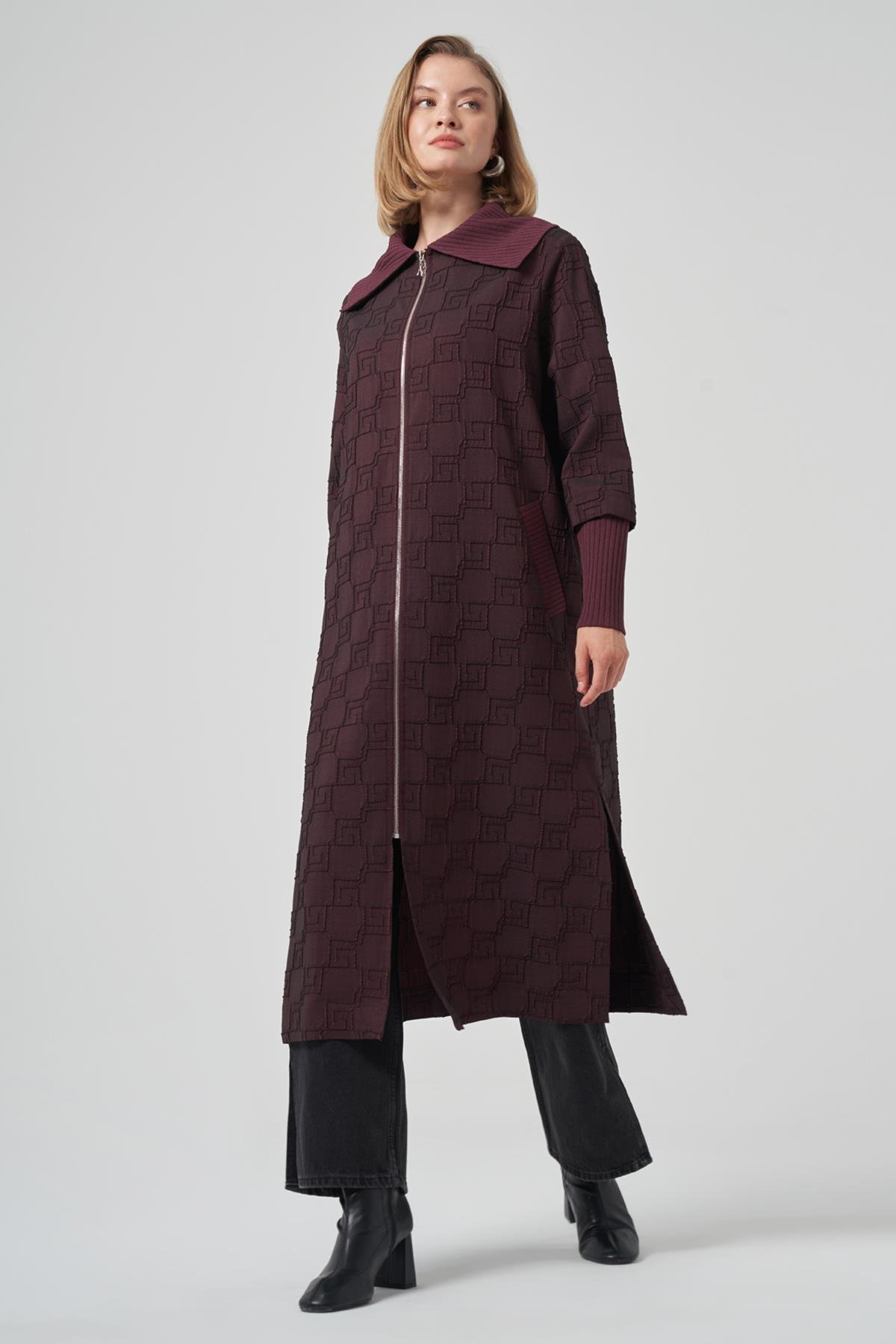 Kemer Detay Uzun Kap Ceket Pardesü 6004 Bordo