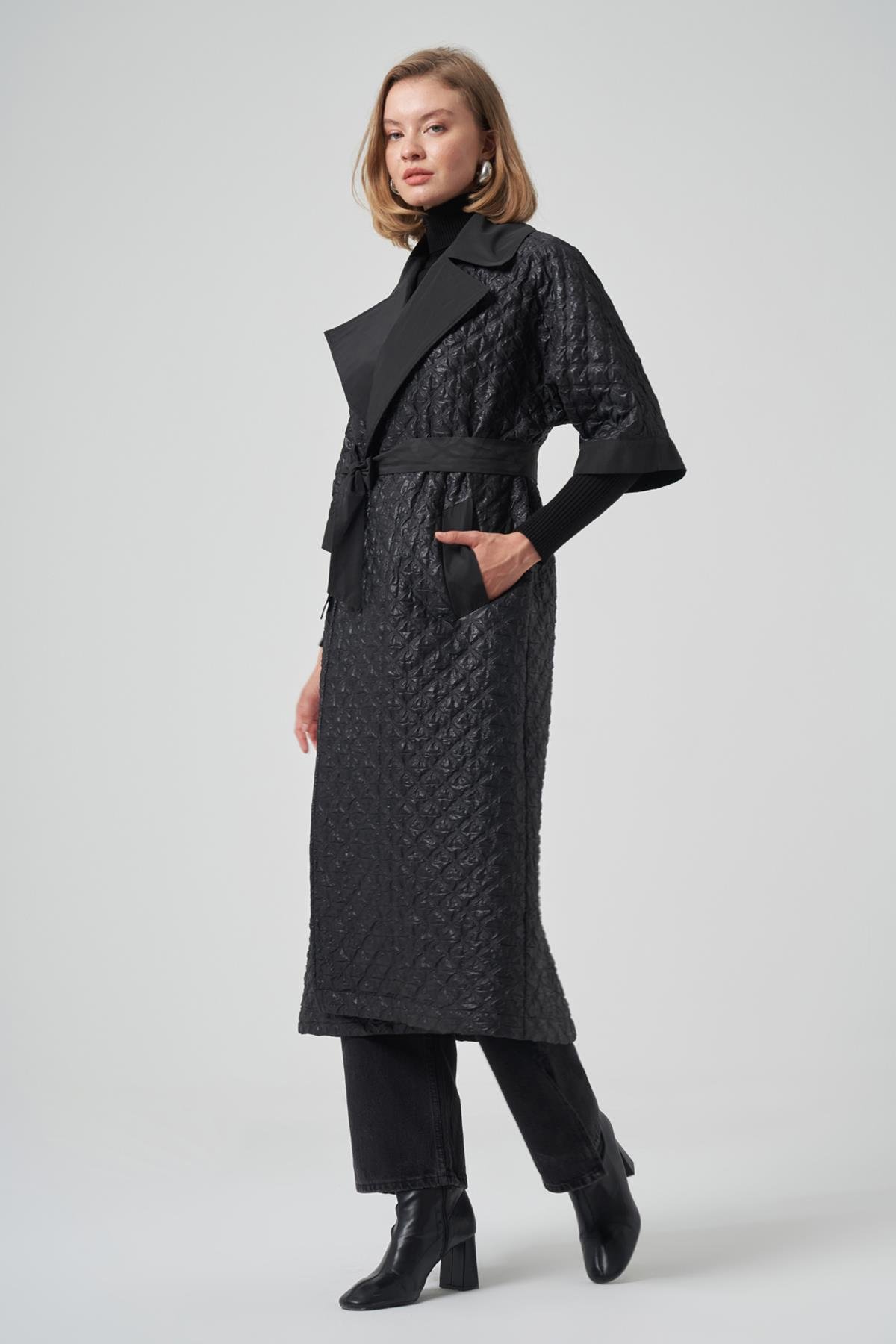 Kemer ve Çıkartılabilir Örme Kol Detay Kap Ceket 6014 Siyah