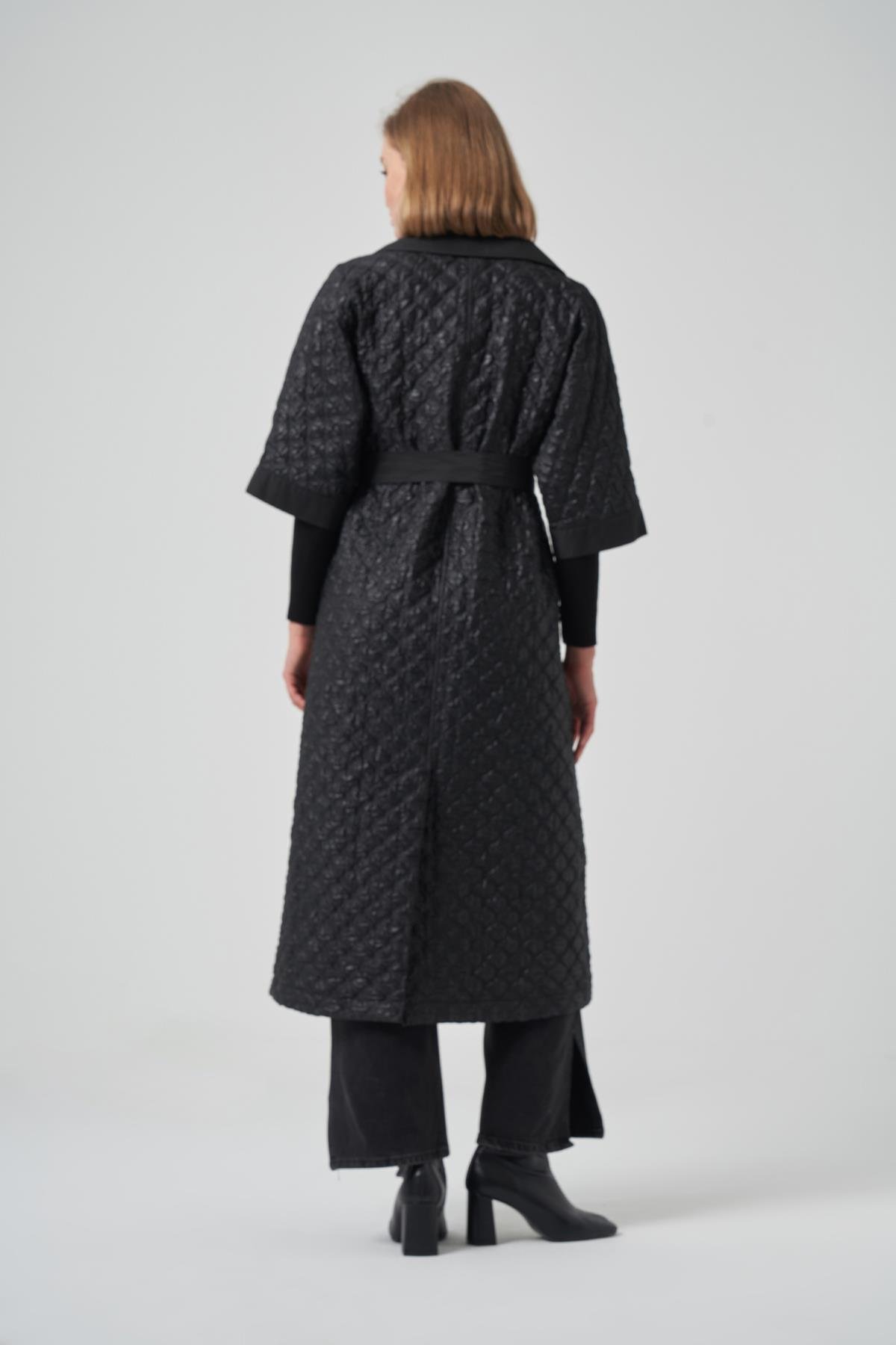 Kemer ve Çıkartılabilir Örme Kol Detay Kap Ceket 6014 Siyah