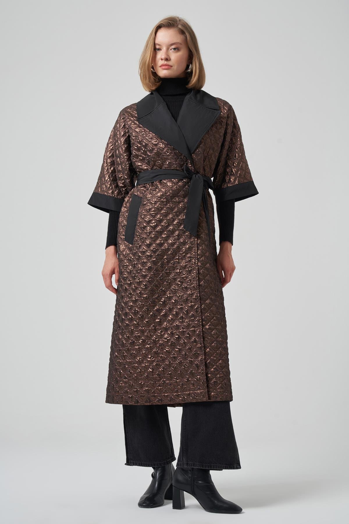 Kemer ve Çıkartılabilir Örme Kol Detay Kap Ceket 6014 Bakır