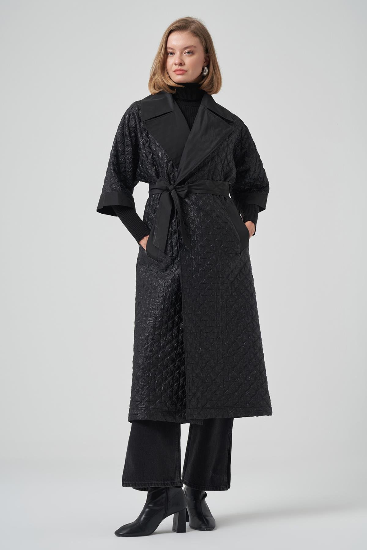 Kemer ve Çıkartılabilir Örme Kol Detay Kap Ceket 6014 Siyah