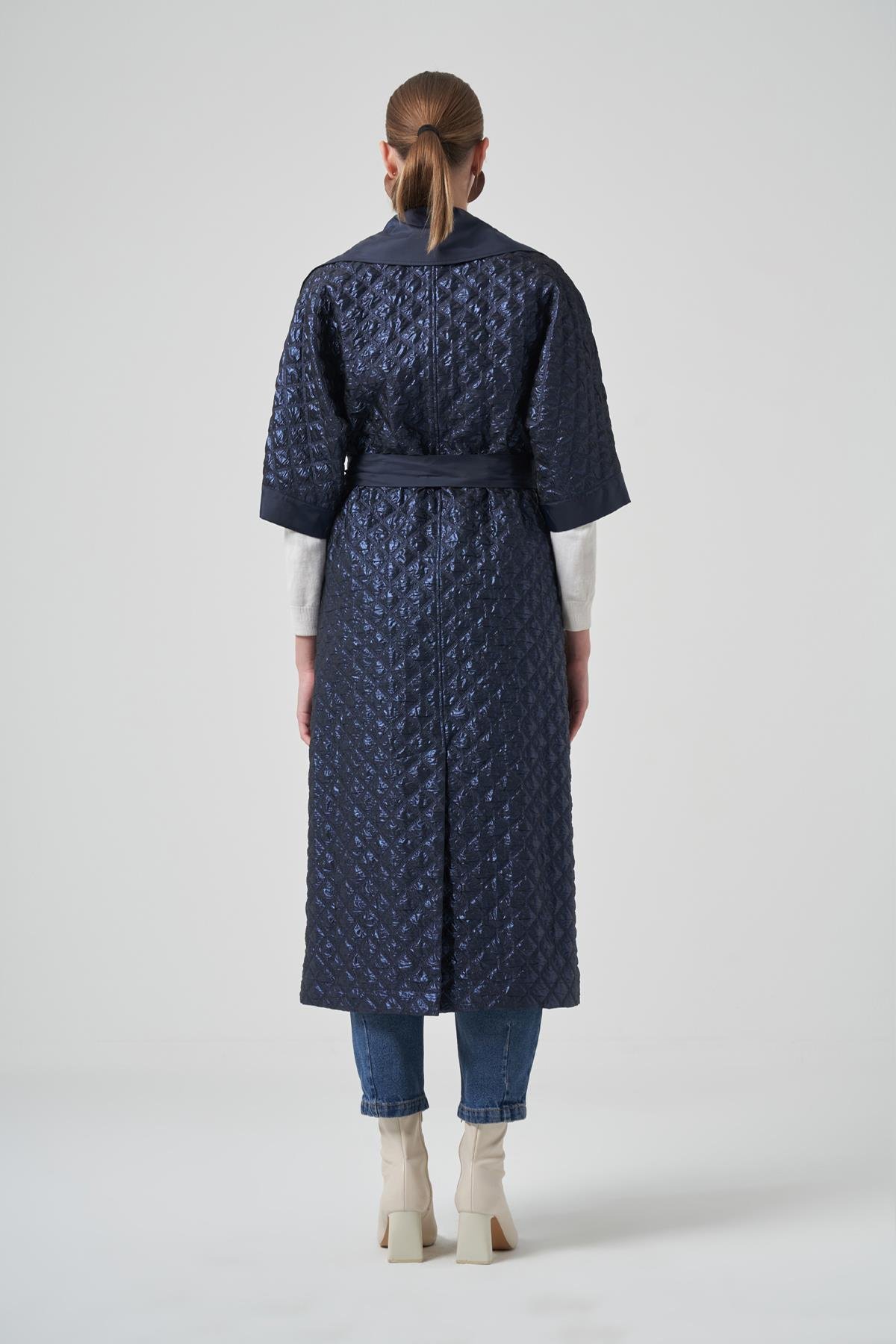 Kemer ve Çıkartılabilir Örme Kol Detay Kap Ceket 6014 Lacivert