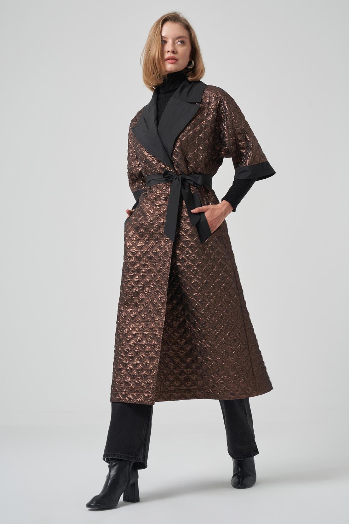 Kemer ve Çıkartılabilir Örme Kol Detay Kap Ceket 6014 Bakır