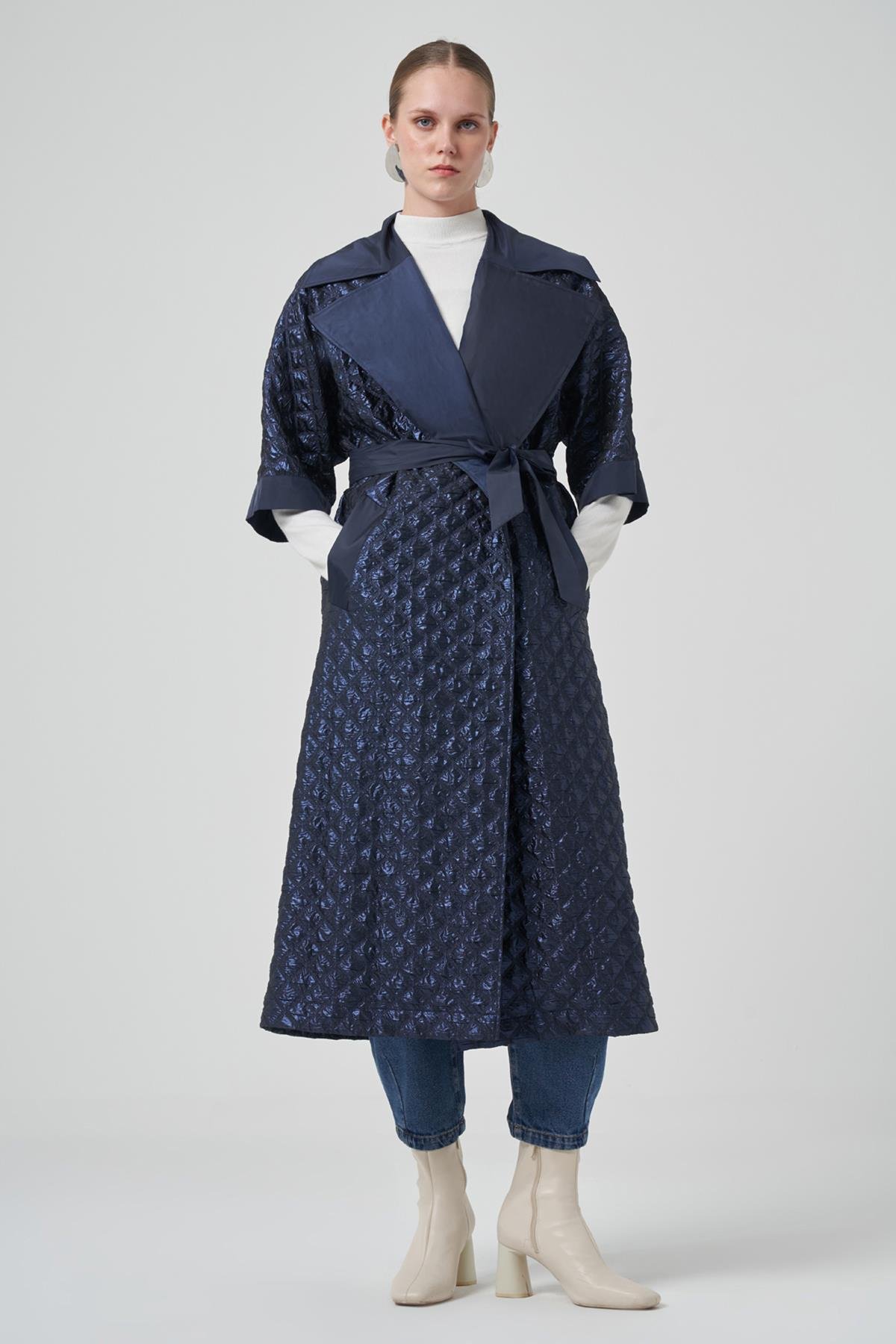 Kemer ve Çıkartılabilir Örme Kol Detay Kap Ceket 6014 Lacivert