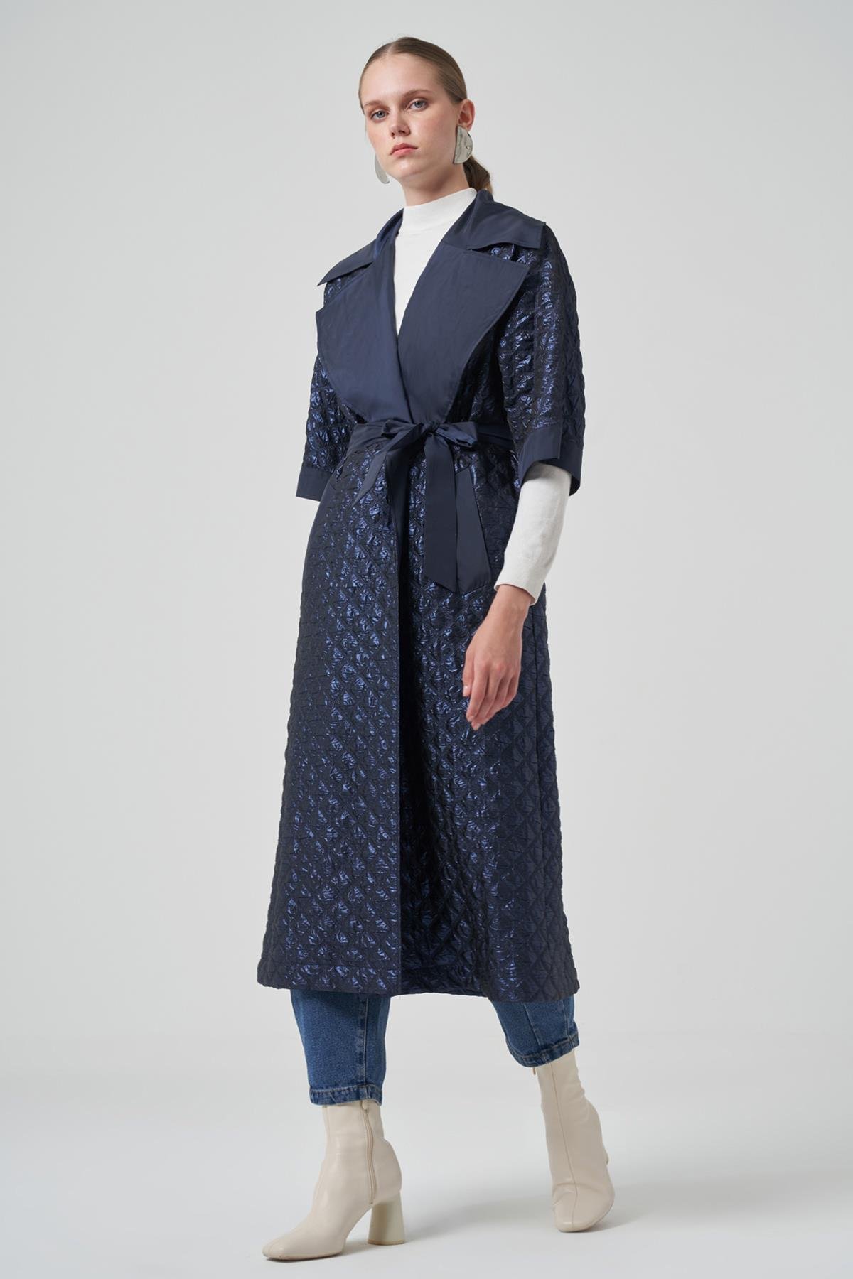 Kemer ve Çıkartılabilir Örme Kol Detay Kap Ceket 6014 Lacivert